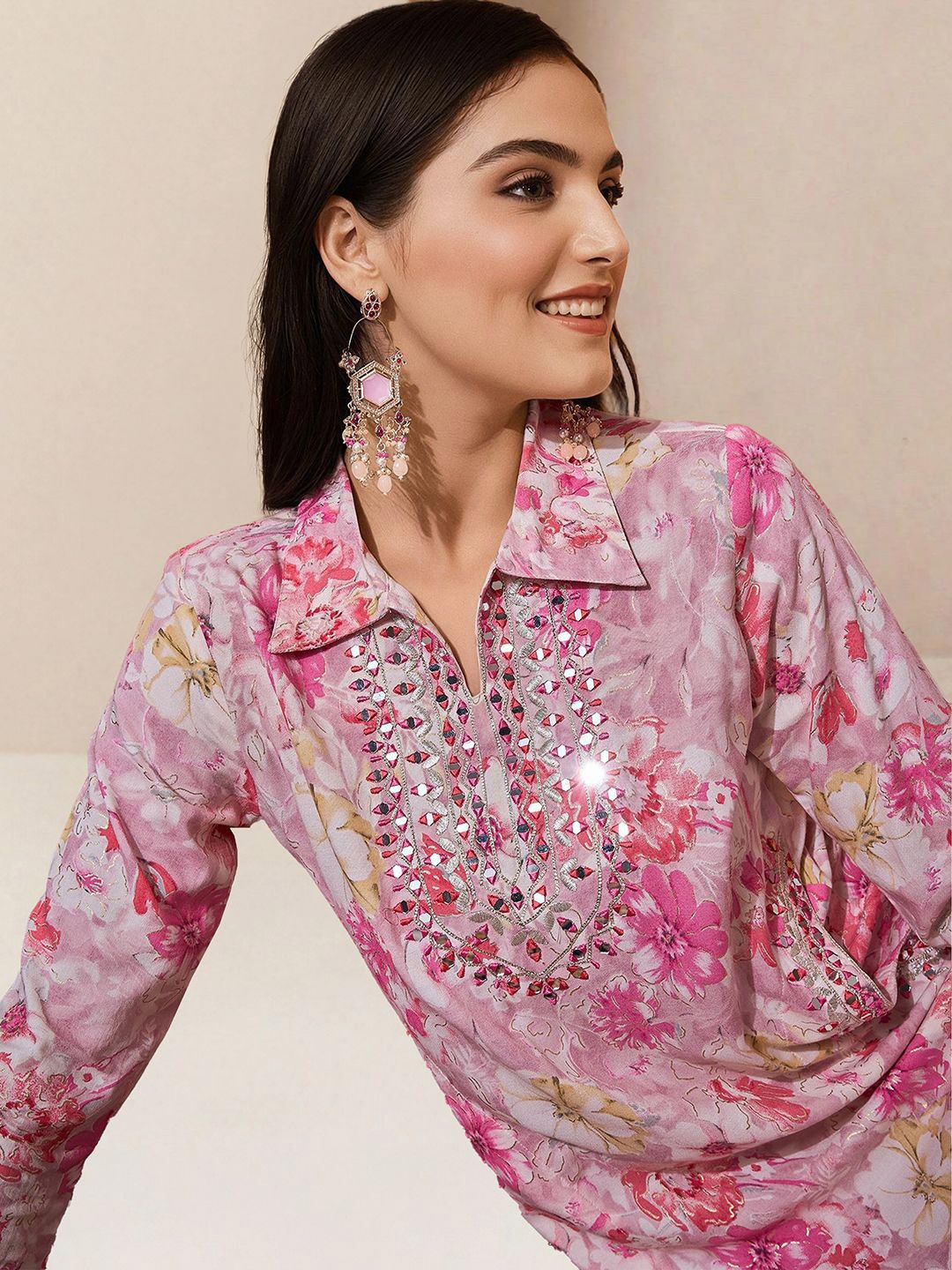 Rich Pink Rayon Mirror Work Straight Fit Kurta Set With Afghan Bottom