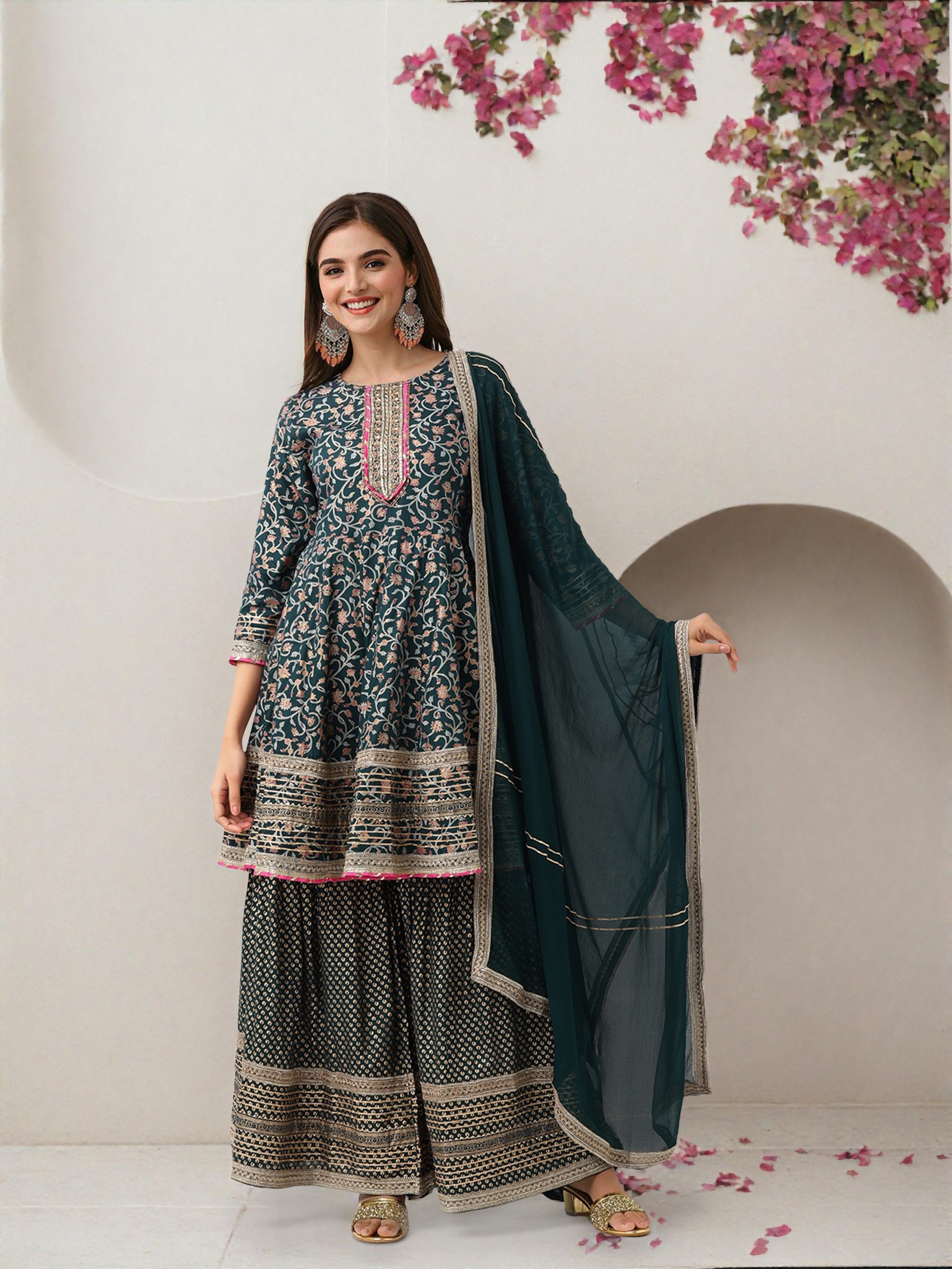 Rich Green Cotton Gotta Patti Anarkali Kurta Set With Sharara Bottom & Solid Cotton Dupatta