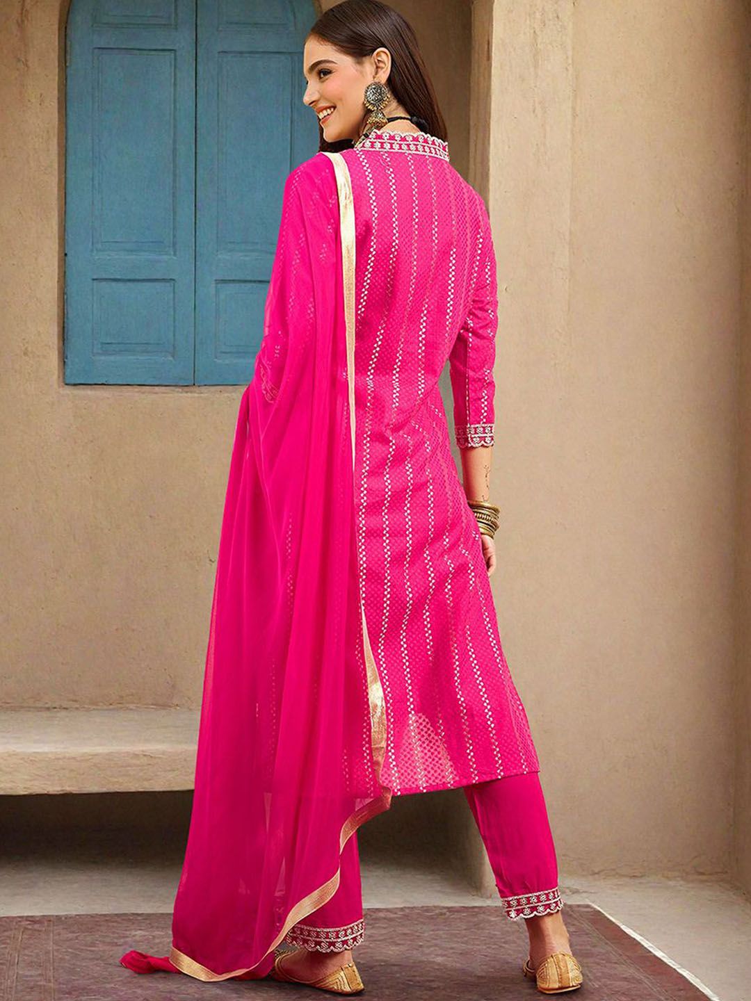 Rich Pink Cotton Sequinned Straight Fit Kurta Set With Straight Bottom & Soft Solid Dupatta