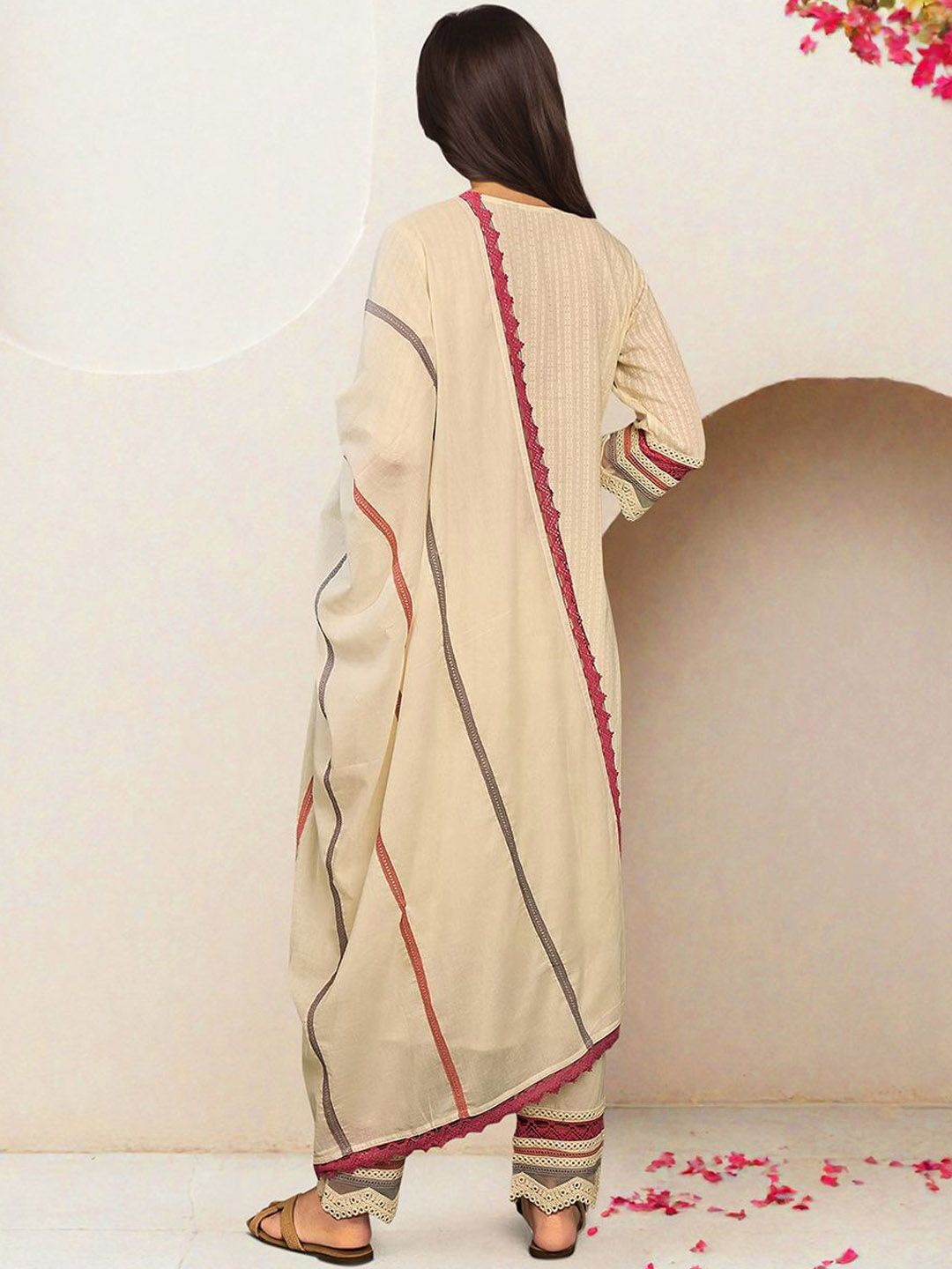 Rich Off-White Cotton Embroidered A-Line Kurta Set With Straight Bottom & Laced Cotton Dupatta