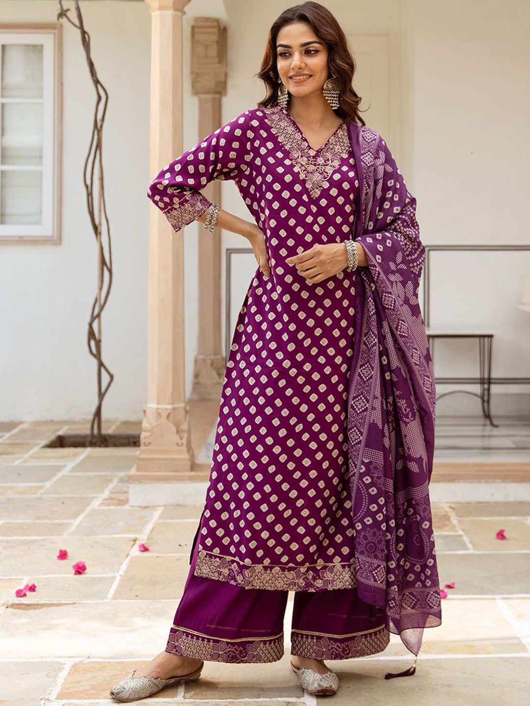 Rich Purple Bead Embroidered Straight Fit Kurta Set With Straight Bottom & Soft Printed Dupatta