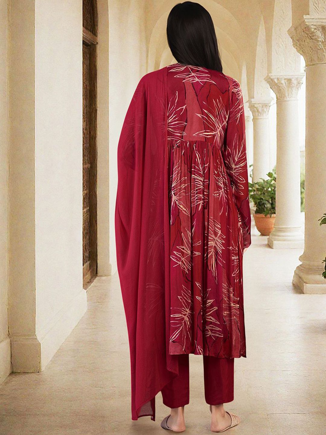Soft Red Chinon Sequinned Printed Angrakha Kurta Set With Straight Bottom & Solid Dupatta