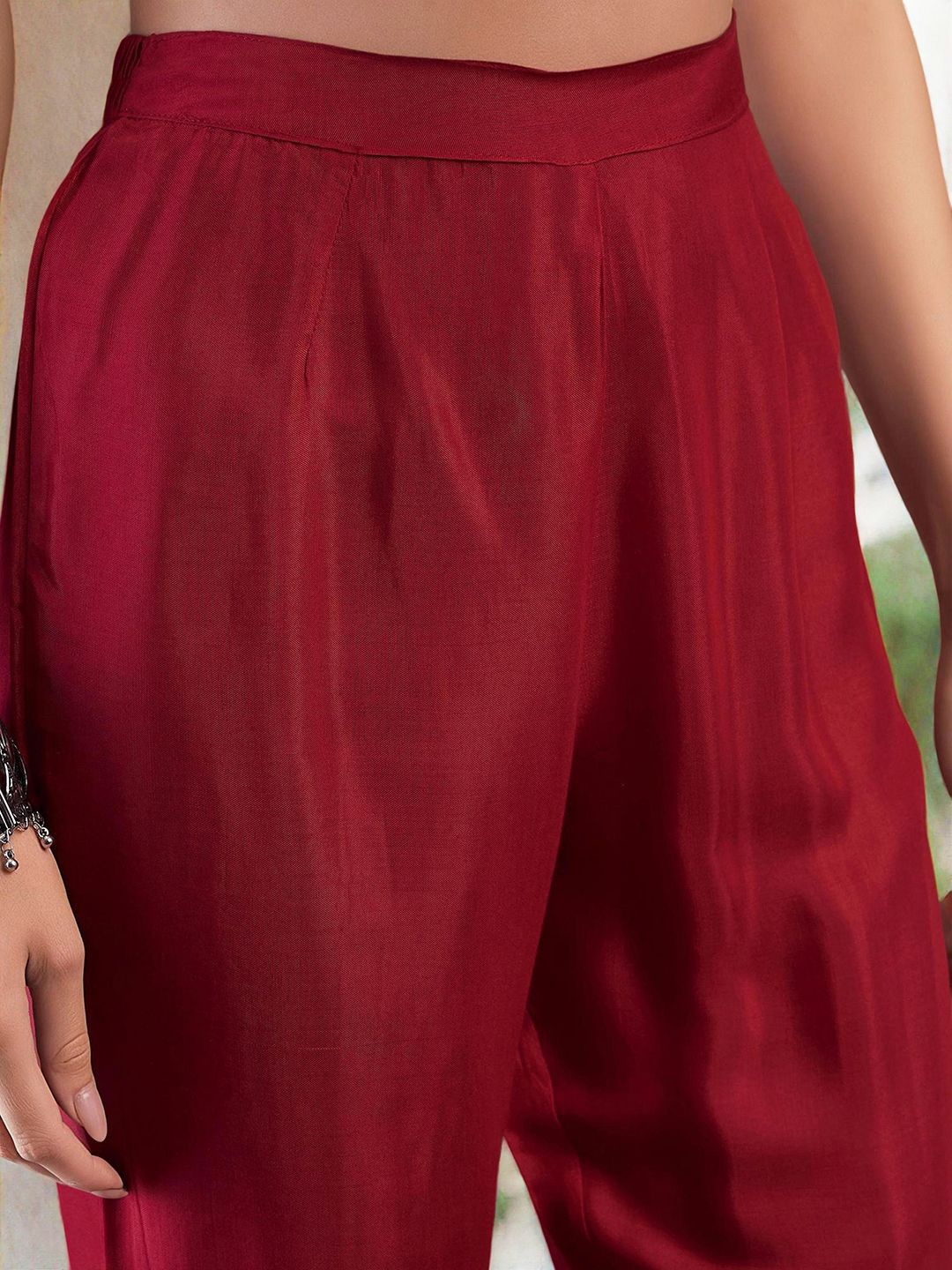 Soft Red Chinon Sequinned Printed Angrakha Kurta Set With Straight Bottom & Solid Dupatta