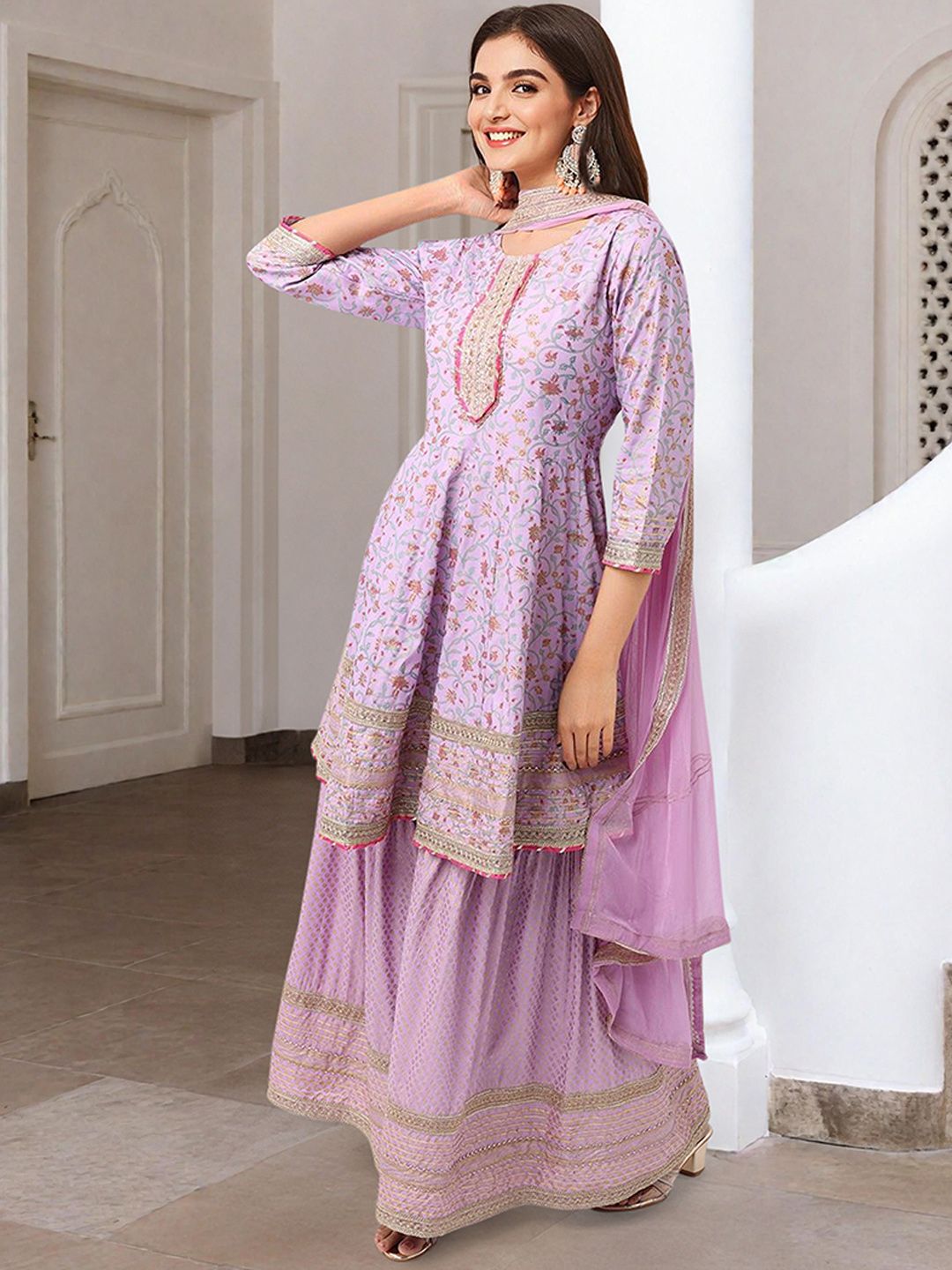 Rich Lilac Cotton Gotta Patti Anarkali Kurta Set With Sharara Bottom & Solid Cotton Dupatta