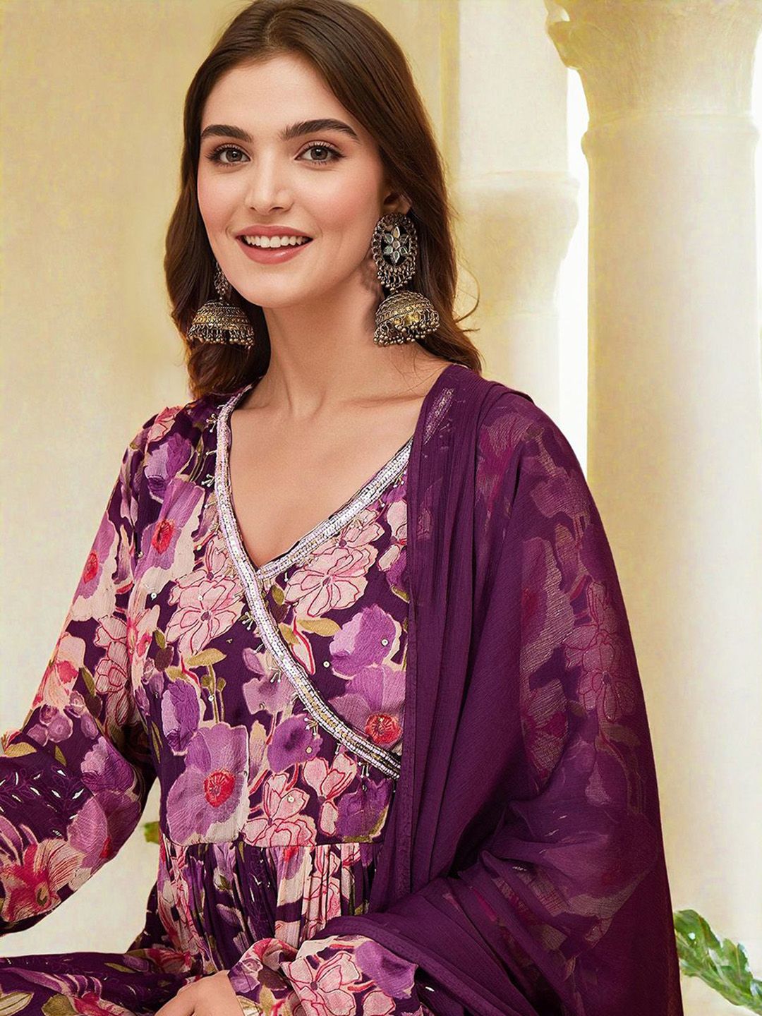 Soft Purple Chinon Sequinned Printed Angrakha Kurta Set With Straight Bottom & Solid Dupatta
