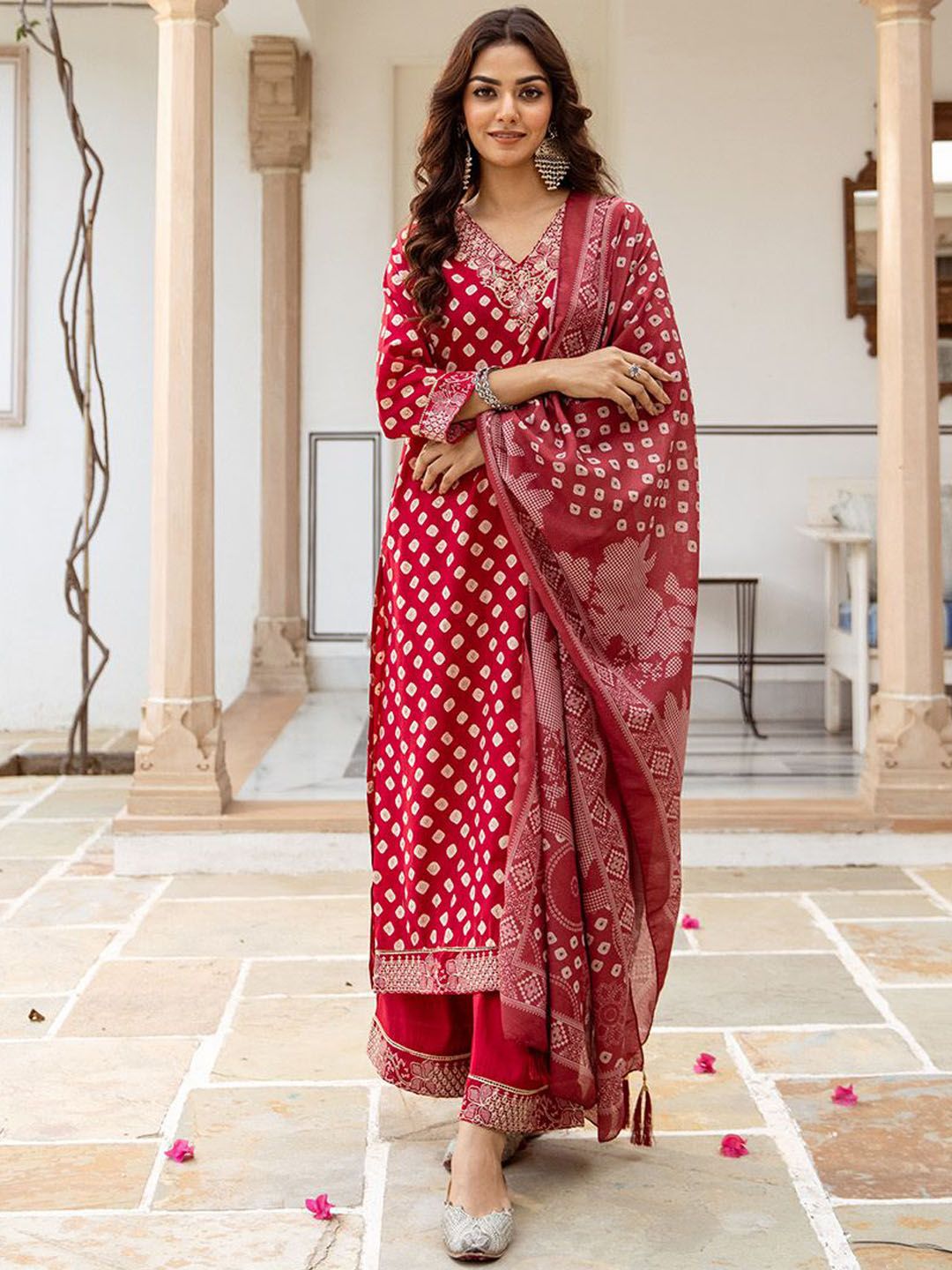 Rich Red Bead Embroidered Straight Fit Kurta Set With Straight Bottom & Soft Printed Dupatta