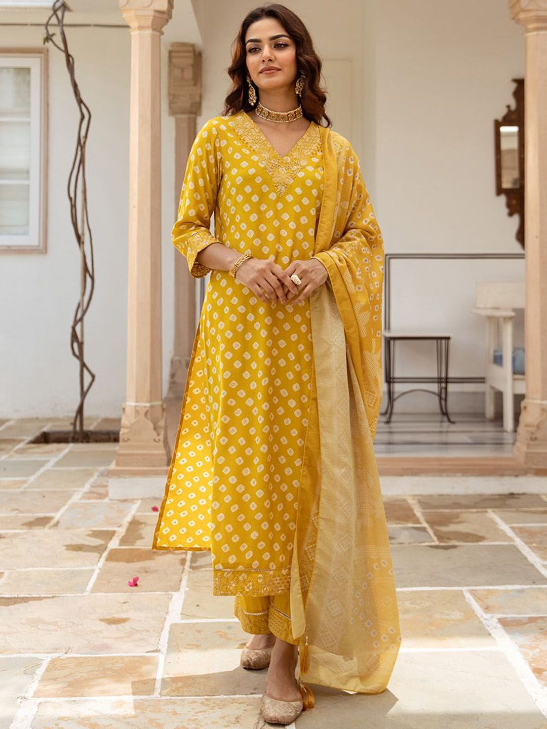Rich Mustard Bandini Embroidered Straight Fit Kurta Set With Straight Bottom & Soft Printed Dupatta