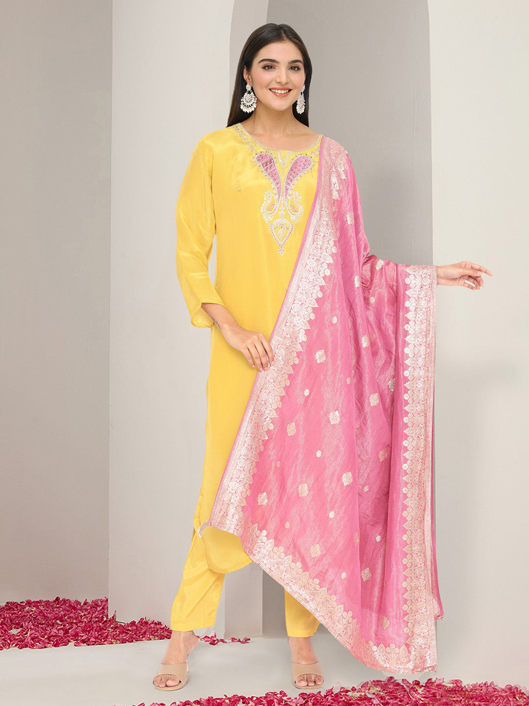 Ishin Women Yellow Tissue Silk 3Pcs Kurta Set