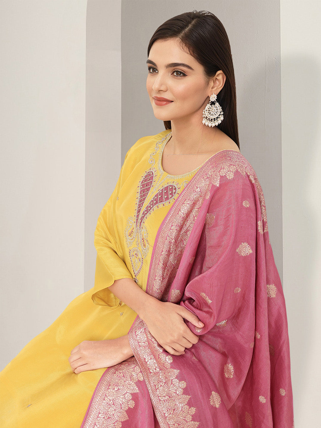 Ishin Women Yellow Tissue Silk 3Pcs Kurta Set