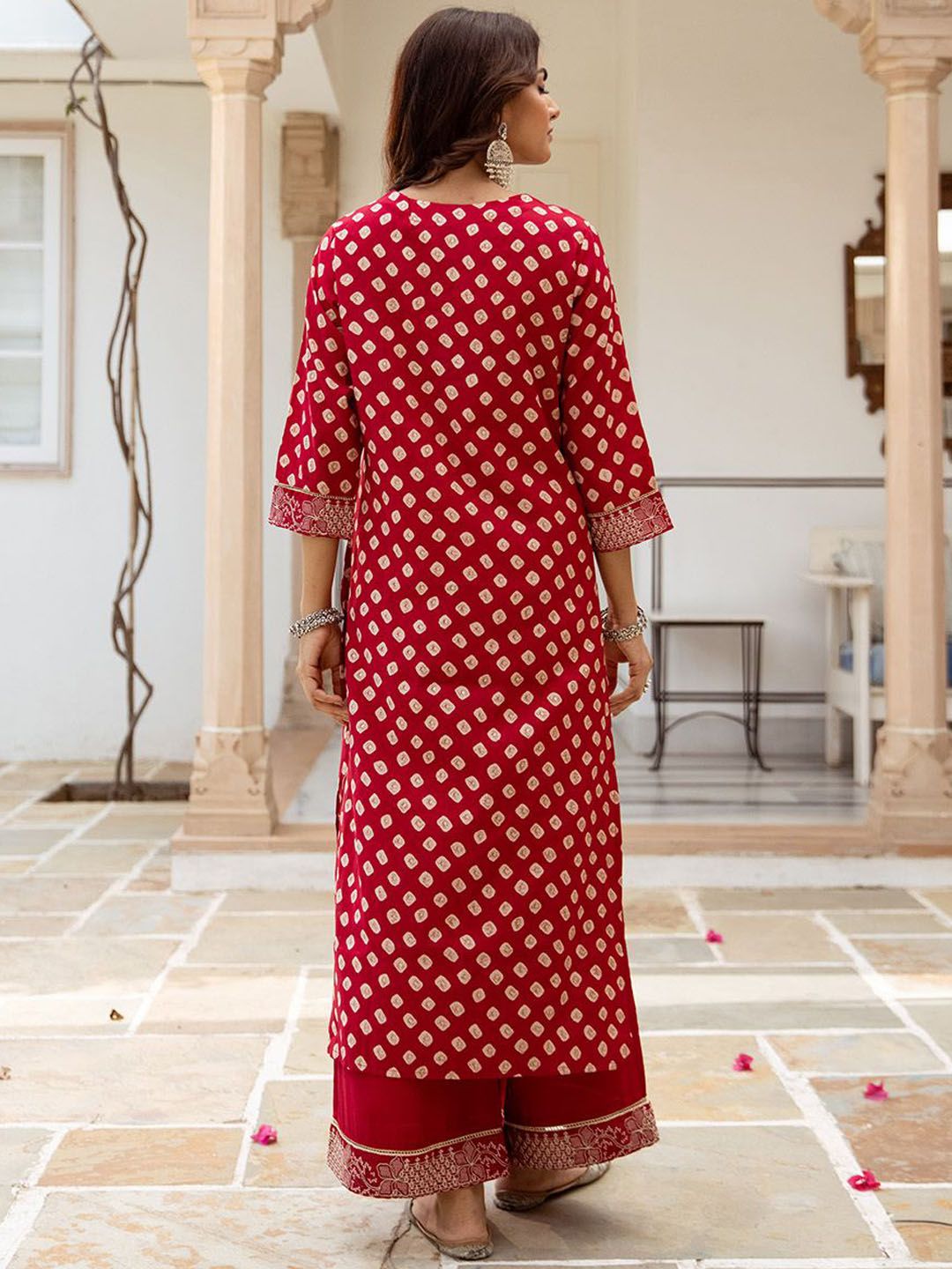 Rich Red Bead Embroidered Straight Fit Kurta Set With Straight Bottom & Soft Printed Dupatta