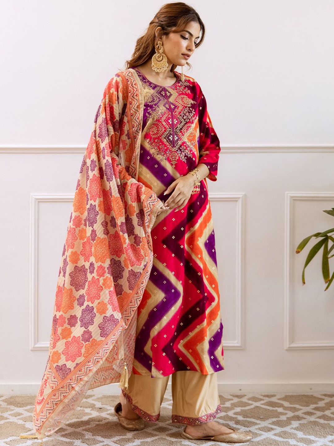 Rich Pink Rayon Zari Embroidered Straight Fit Kurta Set With Straight Bottom & Soft Printed Dupatta