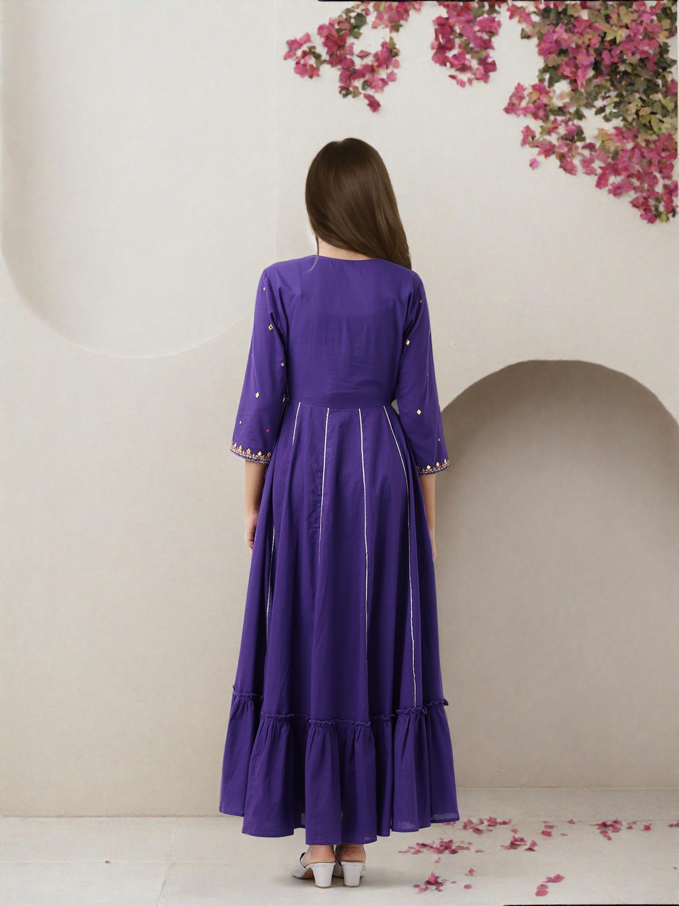 Rich Purple Cotton Embroidered Fit & Flare Dress