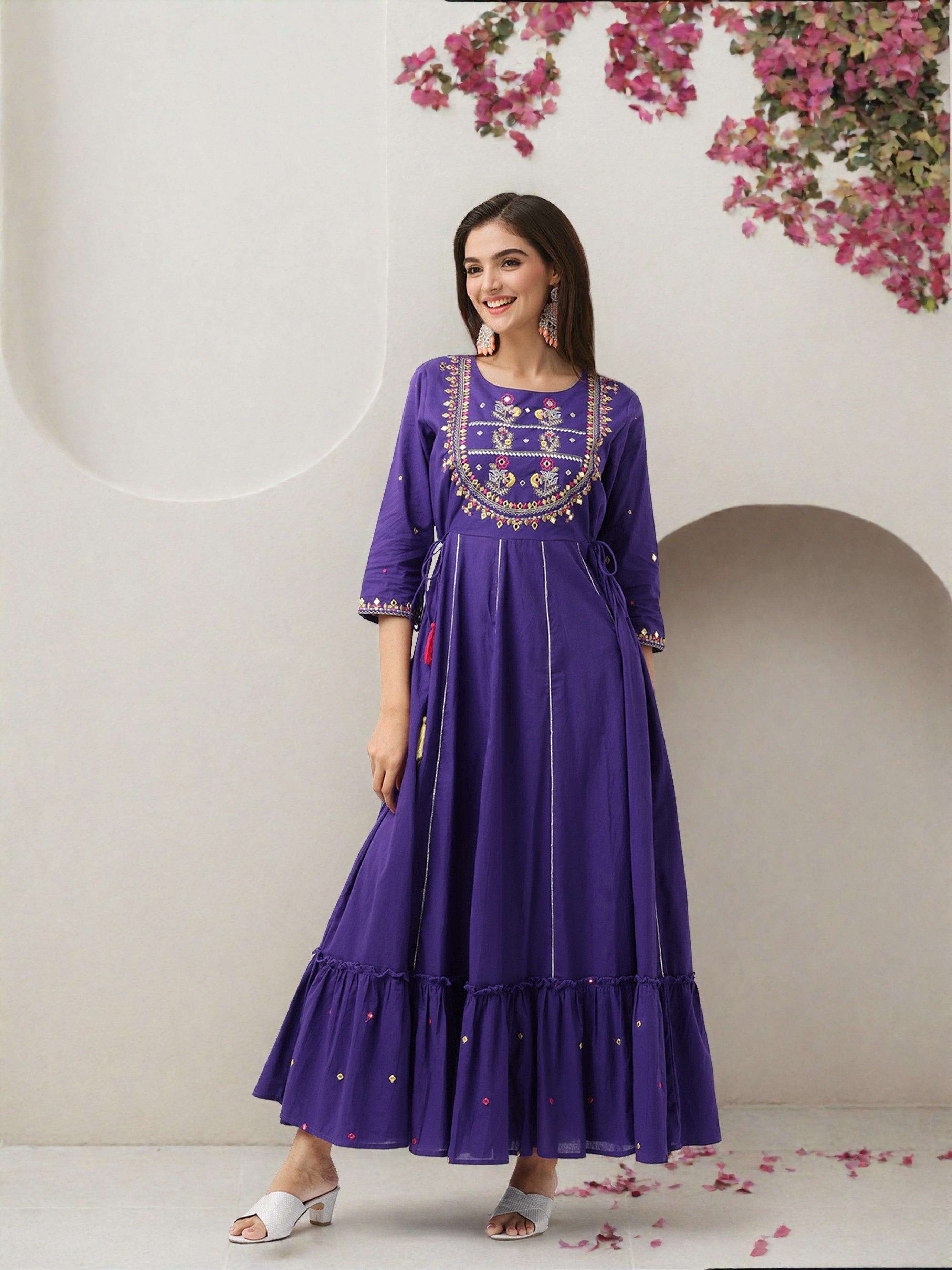 Rich Purple Cotton Embroidered Fit & Flare Dress