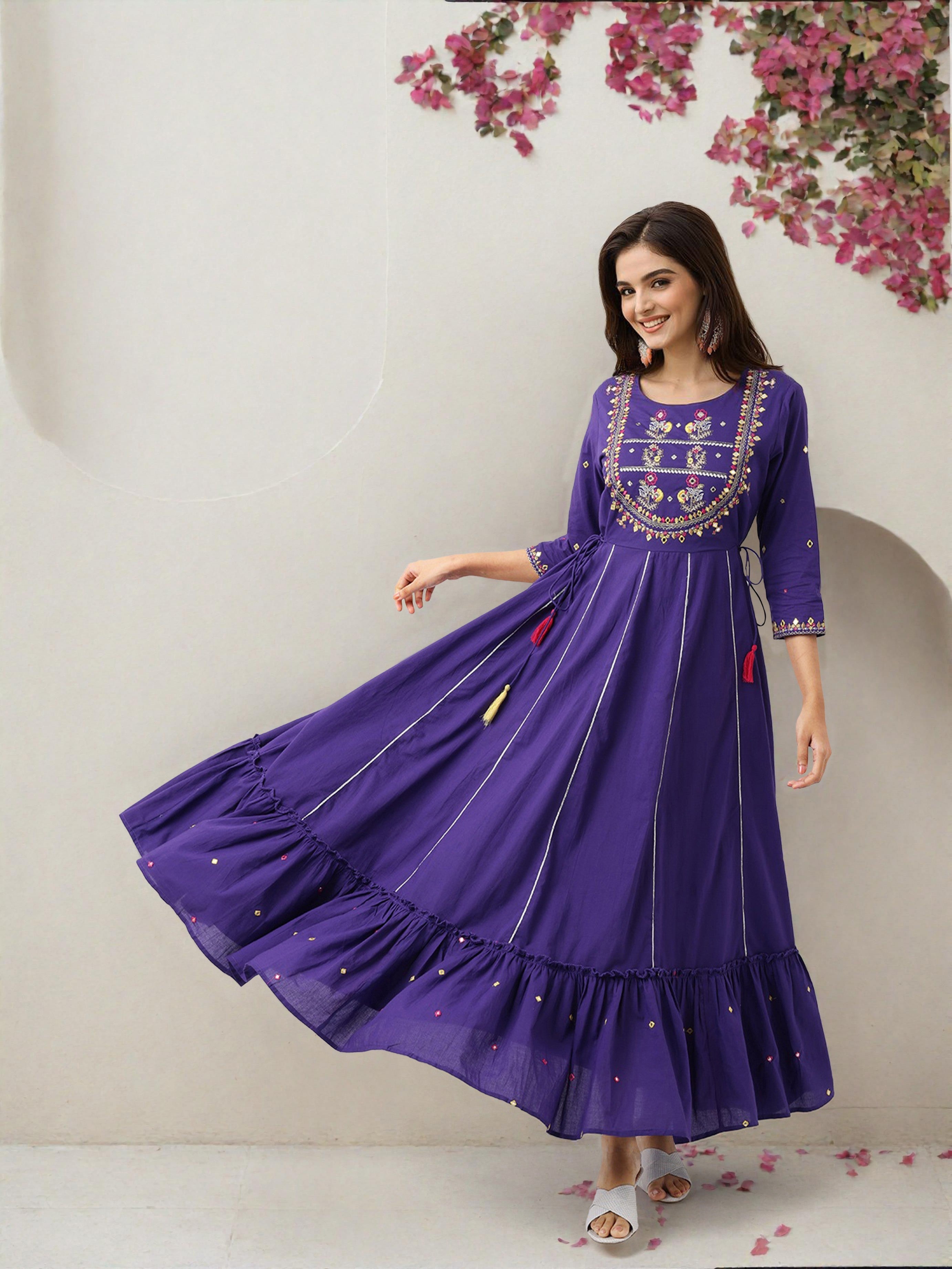Rich Purple Cotton Embroidered Fit & Flare Dress