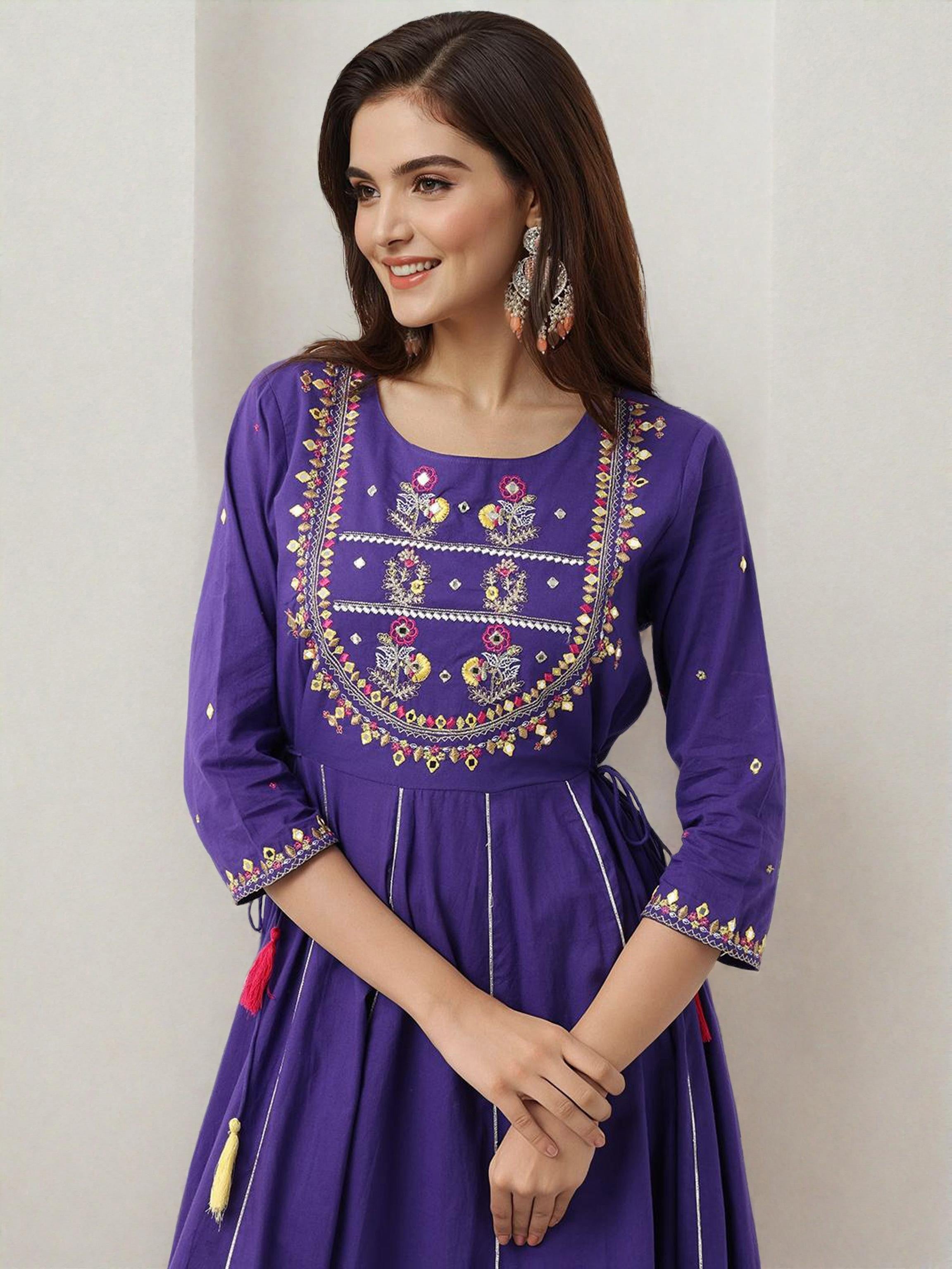 Rich Purple Cotton Embroidered Fit & Flare Dress