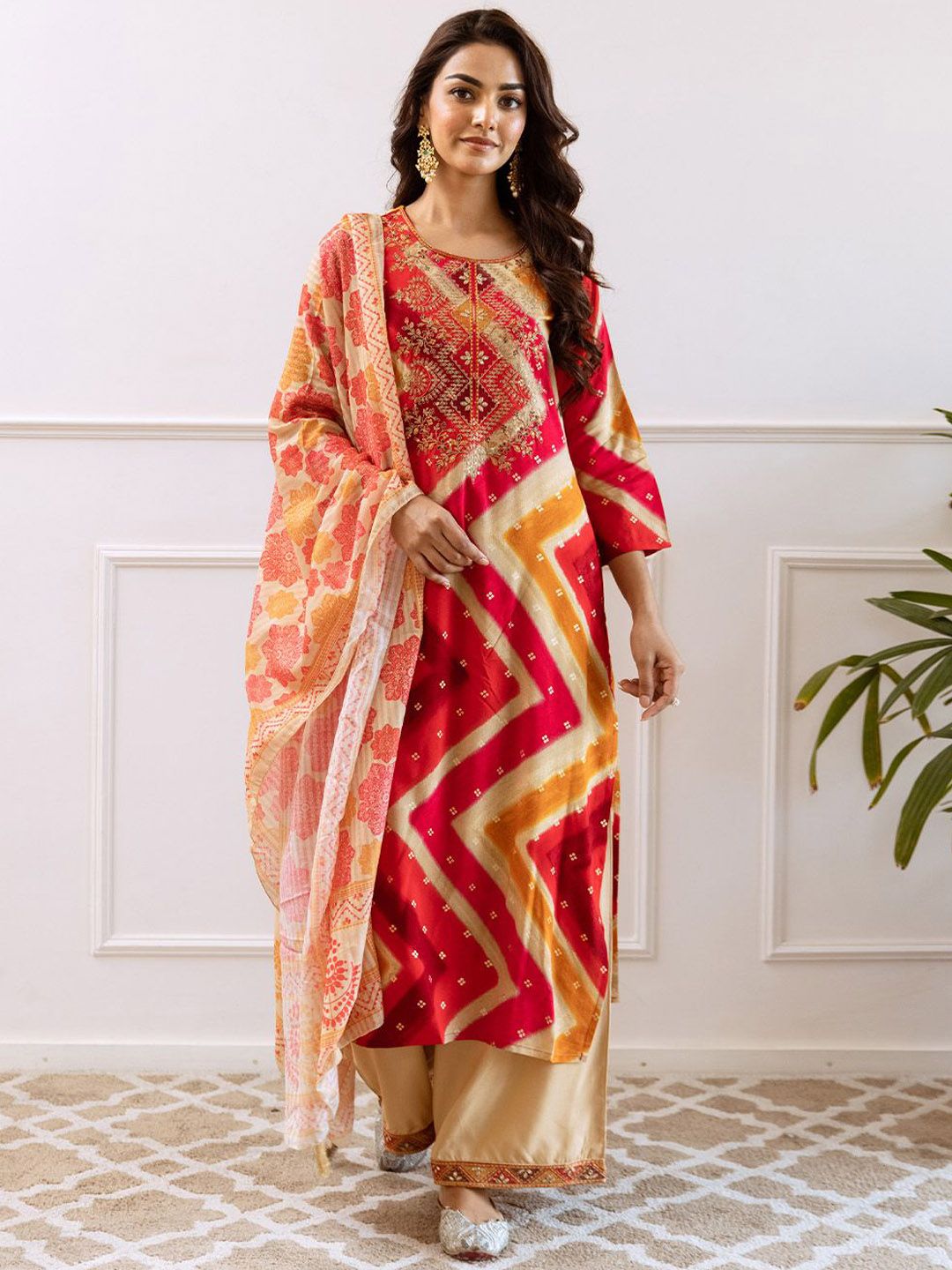 Rich Red Rayon Zari Embroidered Straight Fit Kurta Set With Straight Bottom & Soft Printed Dupatta