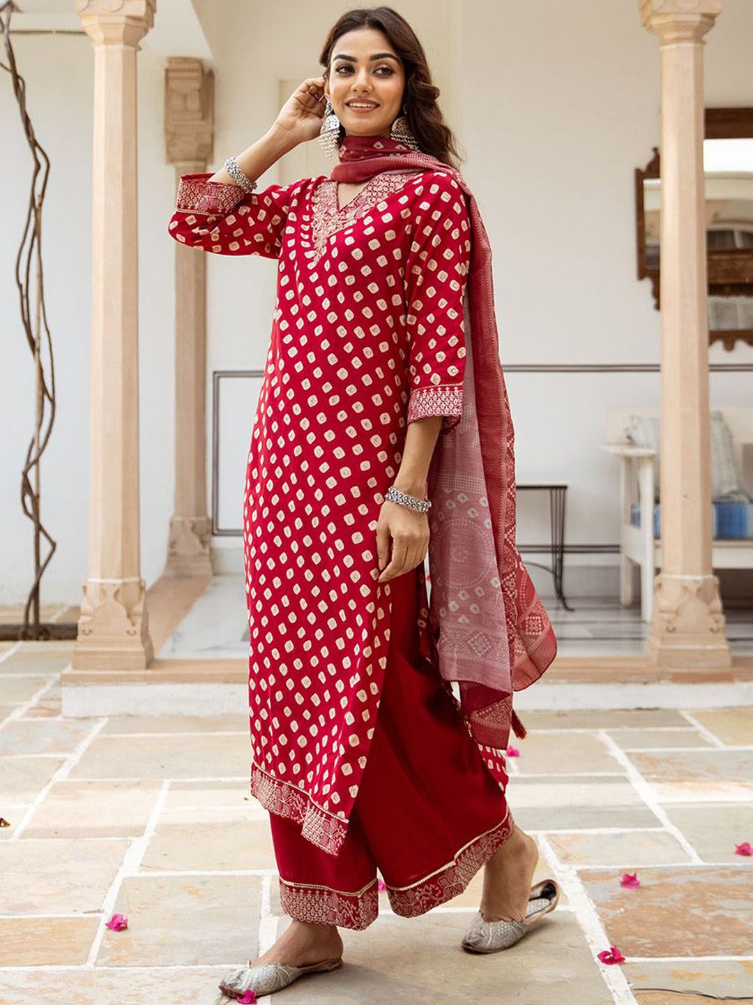 Rich Red Bead Embroidered Straight Fit Kurta Set With Straight Bottom & Soft Printed Dupatta