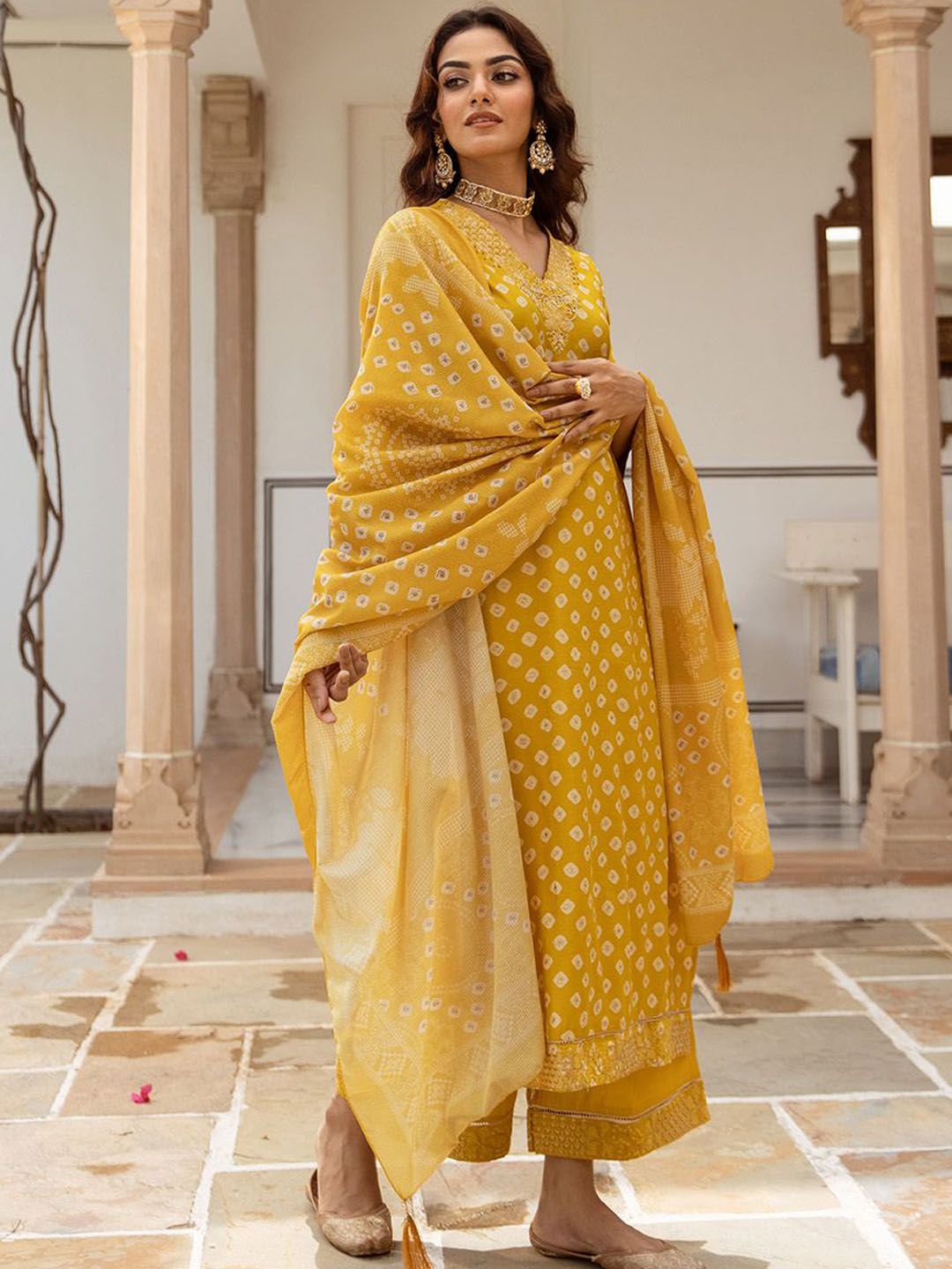 Rich Mustard Bandini Embroidered Straight Fit Kurta Set With Straight Bottom & Soft Printed Dupatta