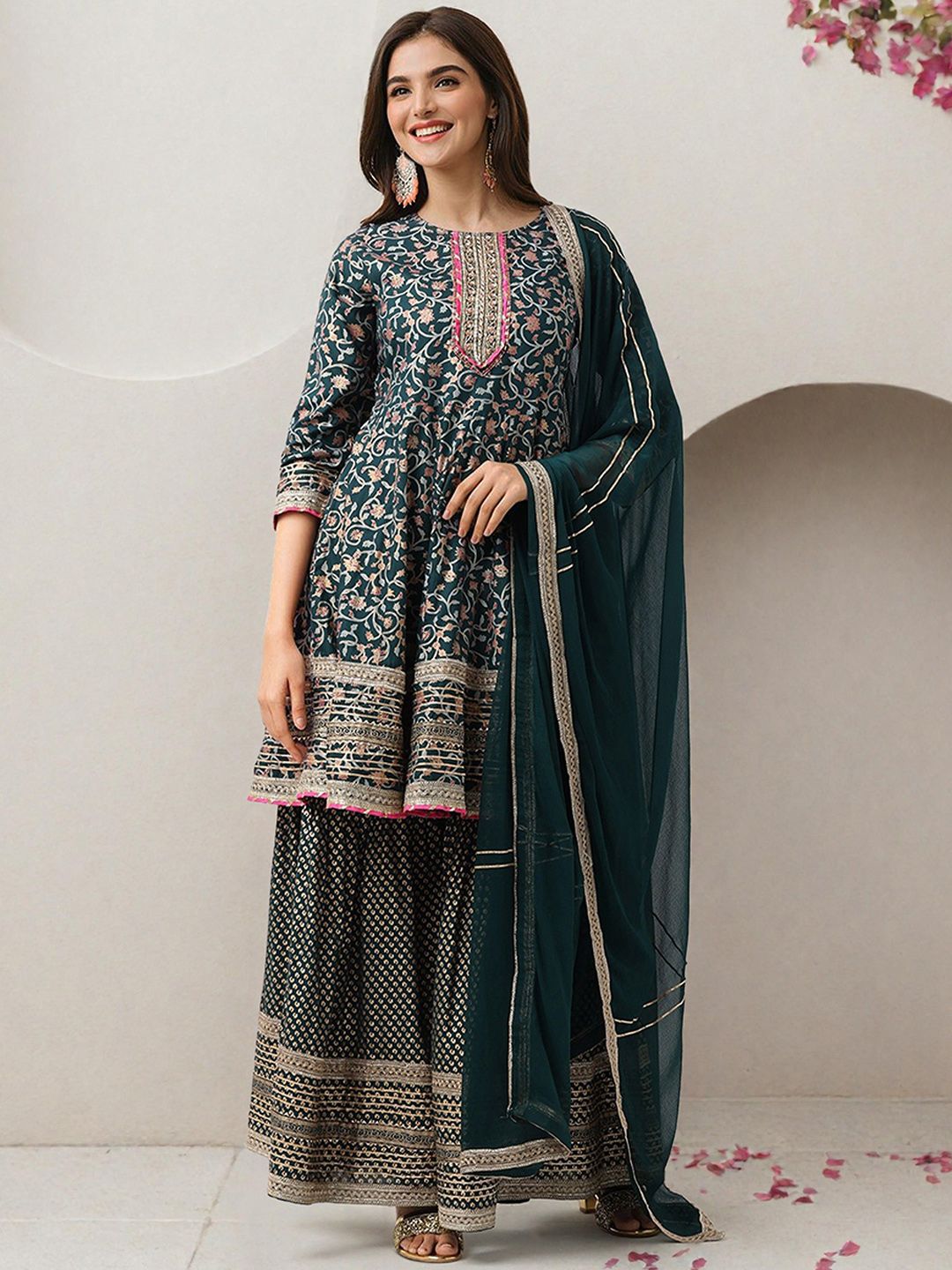 Rich Green Cotton Gotta Patti Anarkali Kurta Set With Sharara Bottom & Solid Cotton Dupatta