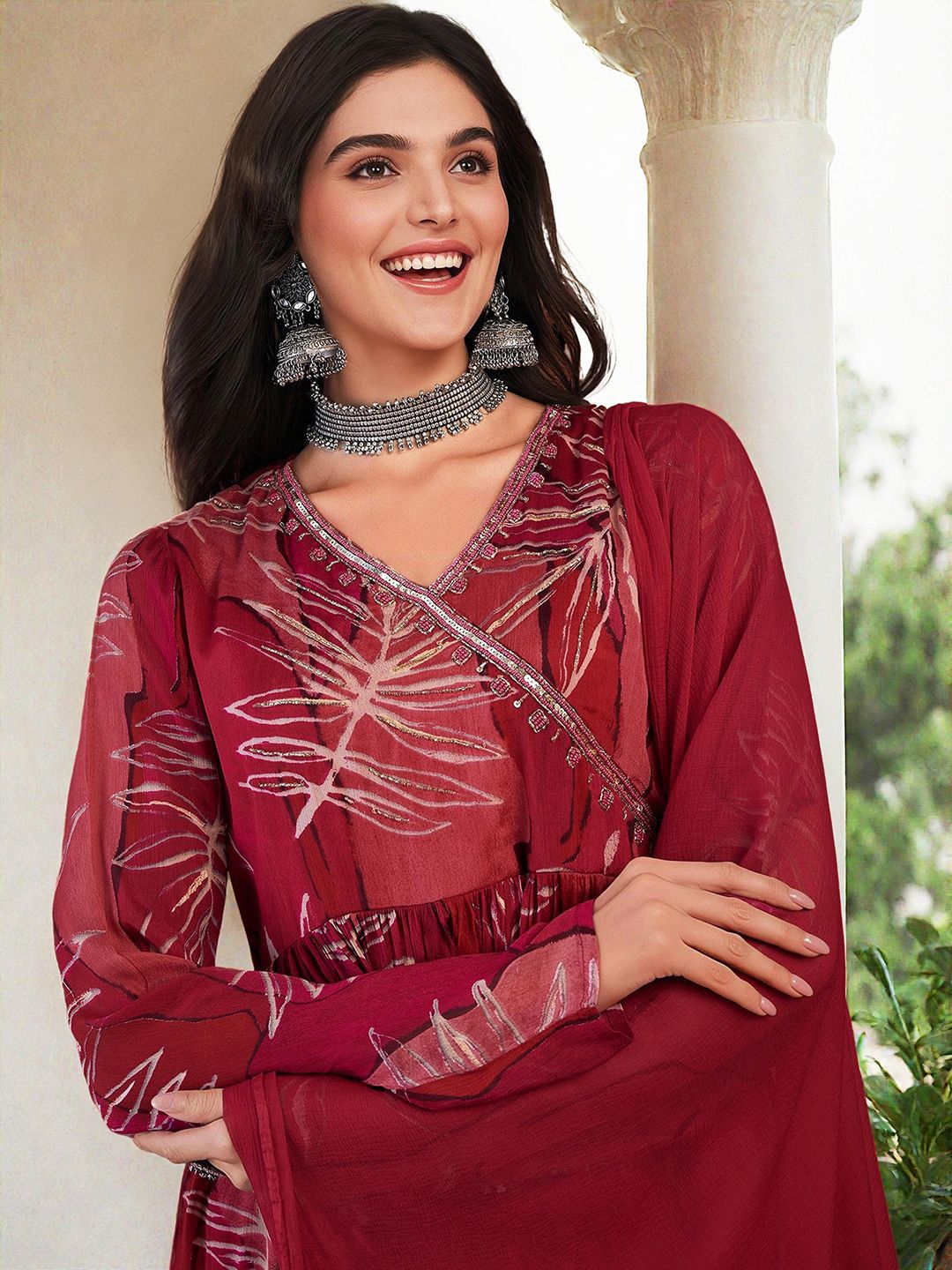 Soft Red Chinon Sequinned Printed Angrakha Kurta Set With Straight Bottom & Solid Dupatta