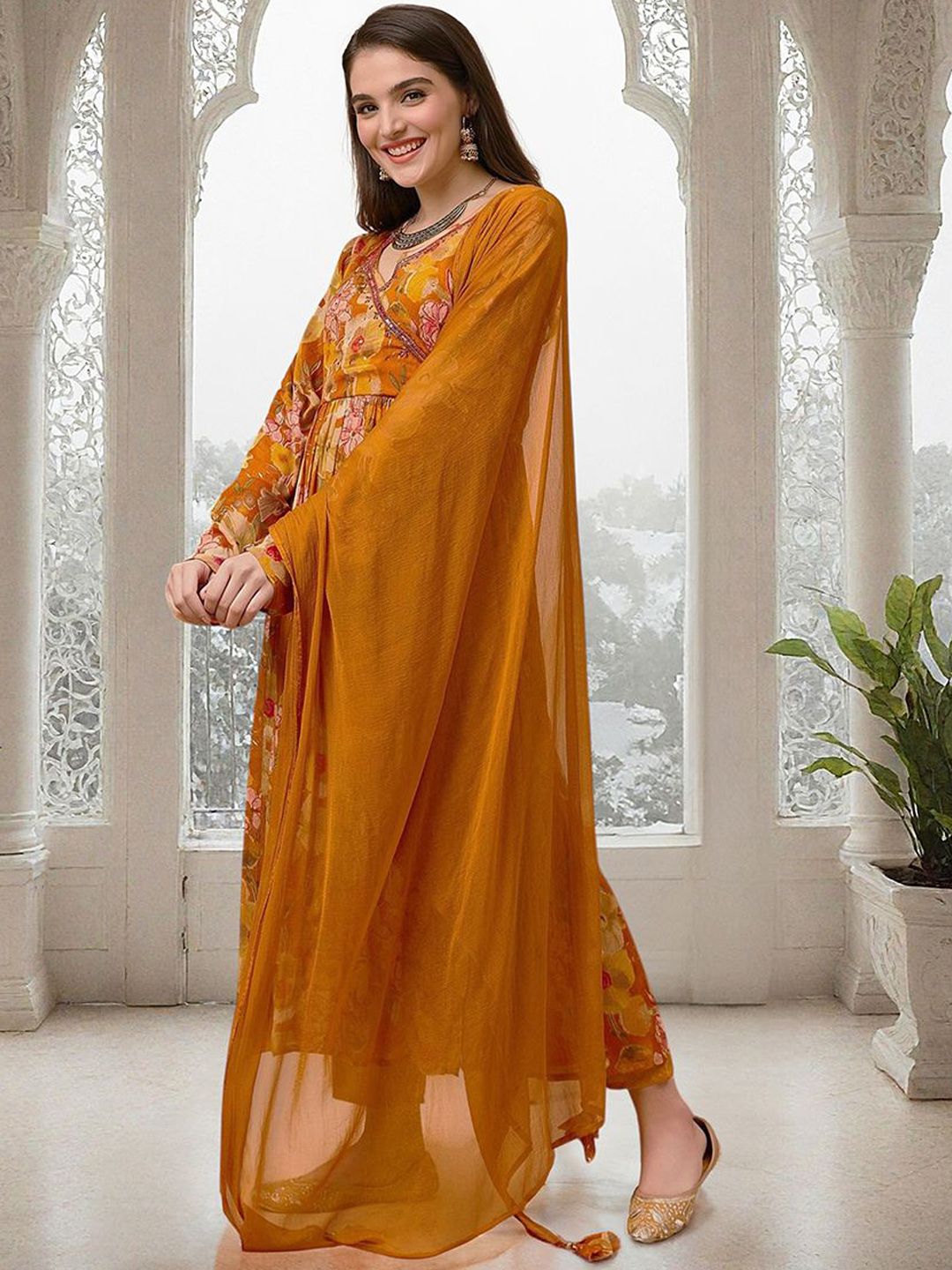 Soft Yellow Chinon Sequinned Printed Angrakha Kurta Set With Straight Bottom & Solid Dupatta