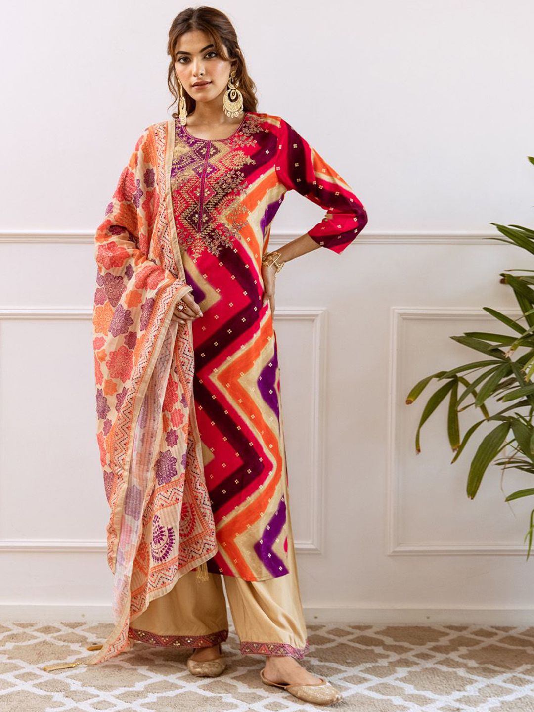 Rich Pink Rayon Zari Embroidered Straight Fit Kurta Set With Straight Bottom & Soft Printed Dupatta