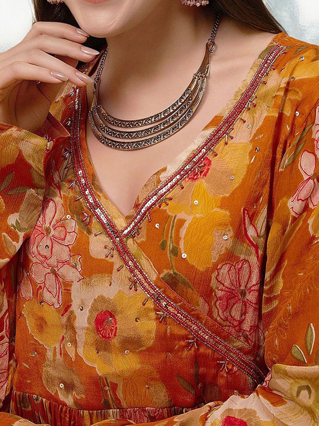 Soft Yellow Chinon Sequinned Printed Angrakha Kurta Set With Straight Bottom & Solid Dupatta
