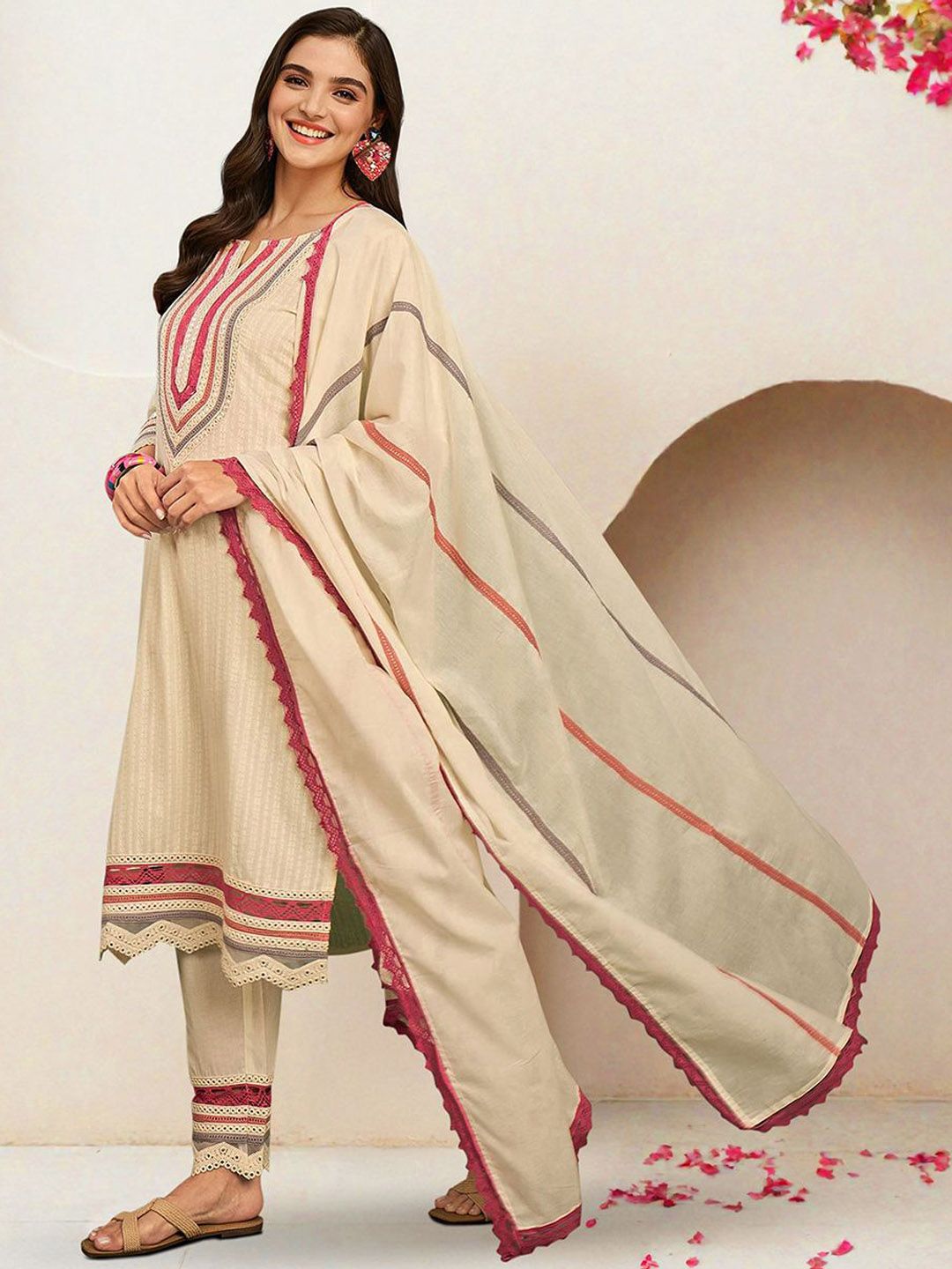 Rich Off-White Cotton Embroidered A-Line Kurta Set With Straight Bottom & Laced Cotton Dupatta