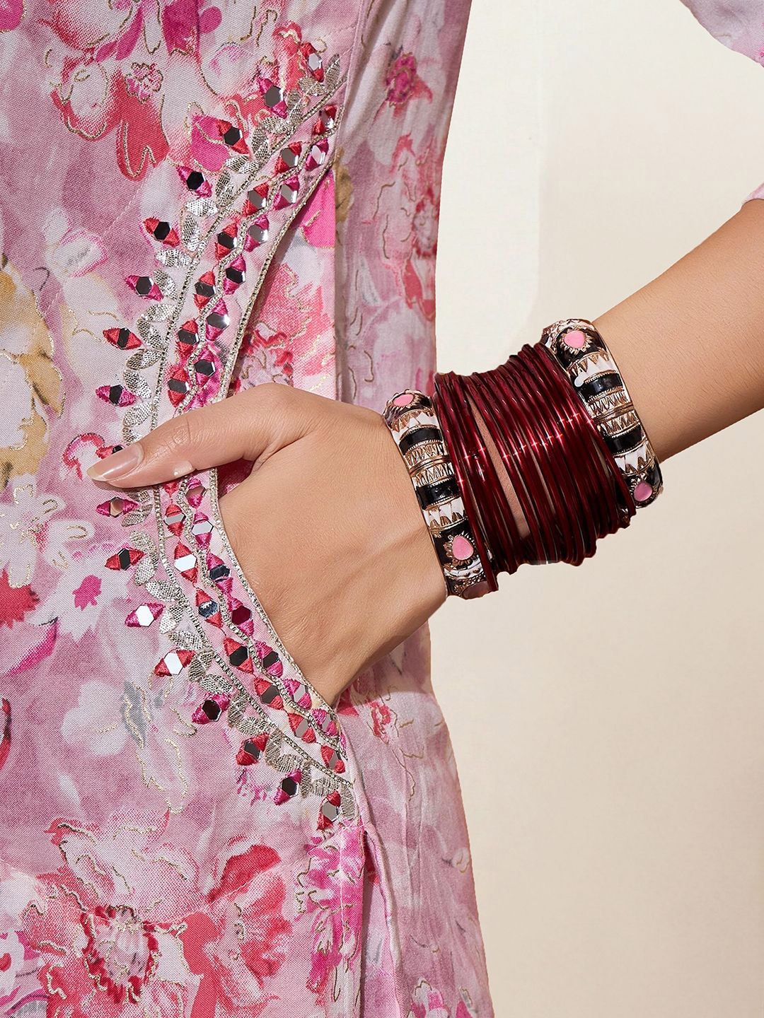 Rich Pink Rayon Mirror Work Straight Fit Kurta Set With Afghan Bottom