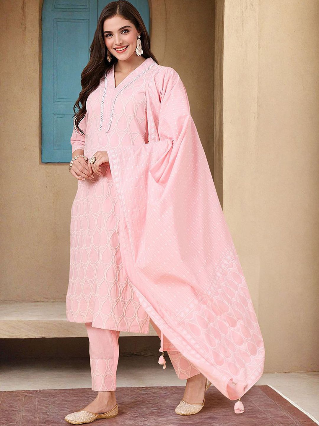 Comfy Pink Cotton Embroidered A-Line Kurta Set With Straight Bottom & Tassel Detailed Dupatta