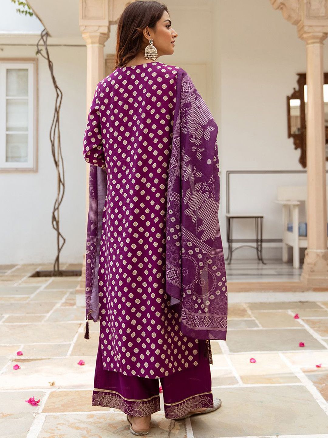 Rich Purple Bead Embroidered Straight Fit Kurta Set With Straight Bottom & Soft Printed Dupatta