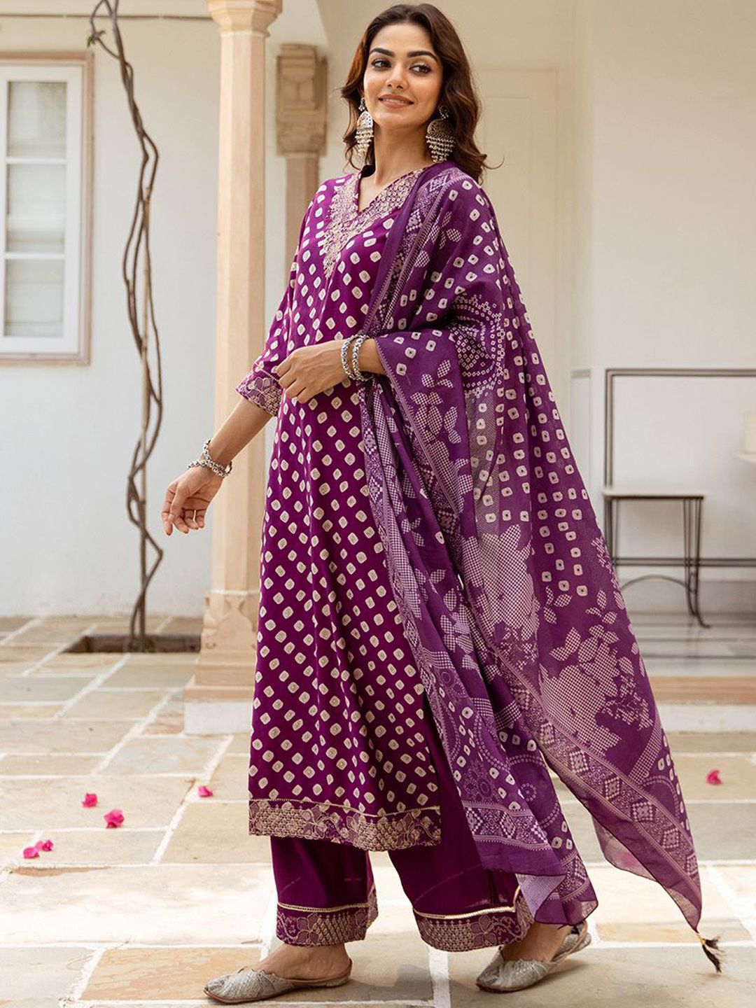 Rich Purple Bead Embroidered Straight Fit Kurta Set With Straight Bottom & Soft Printed Dupatta
