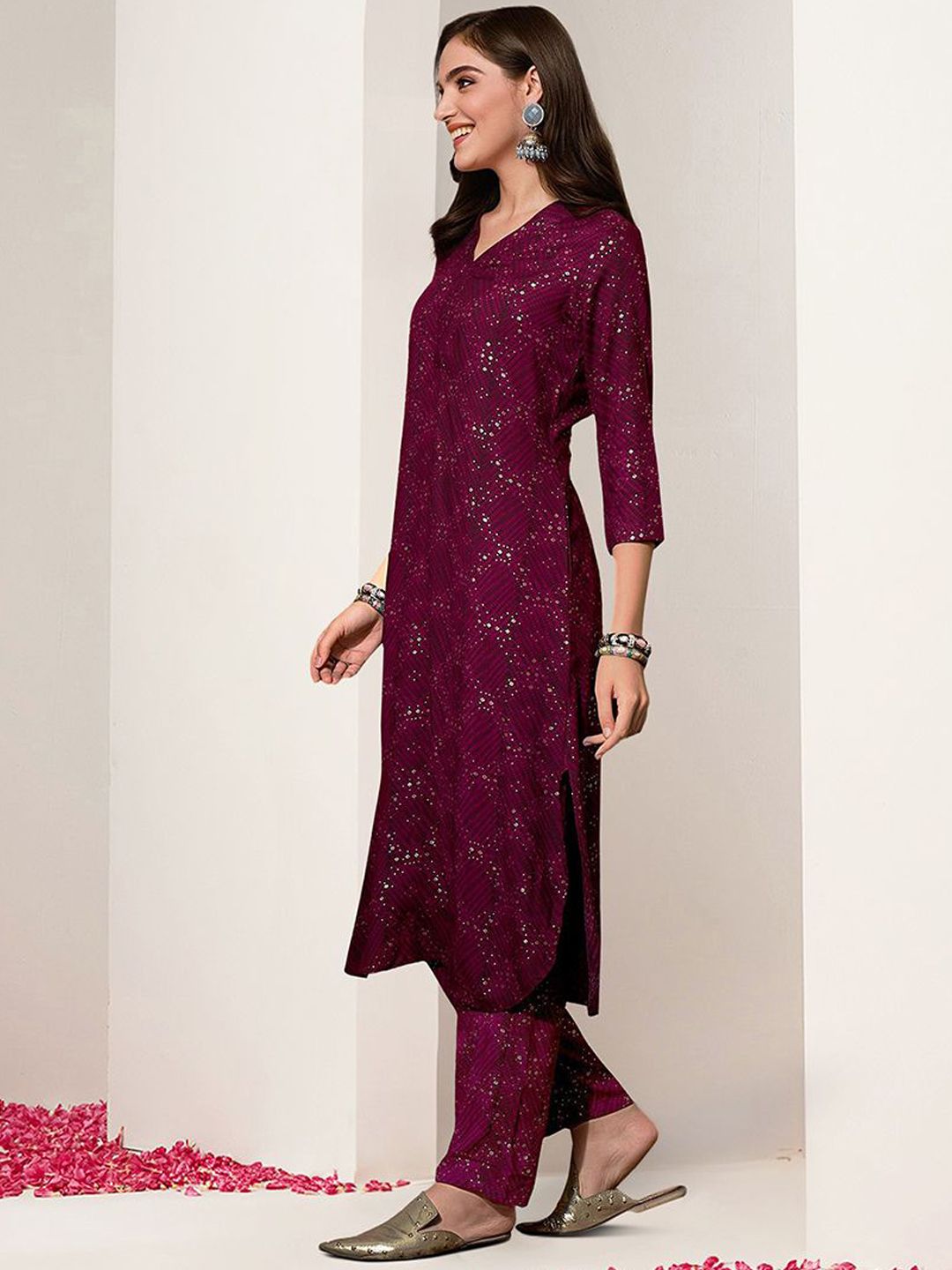 Rich Maroon Rayon Sequinned Straight Fit Kurta Set With Straight Bottom
