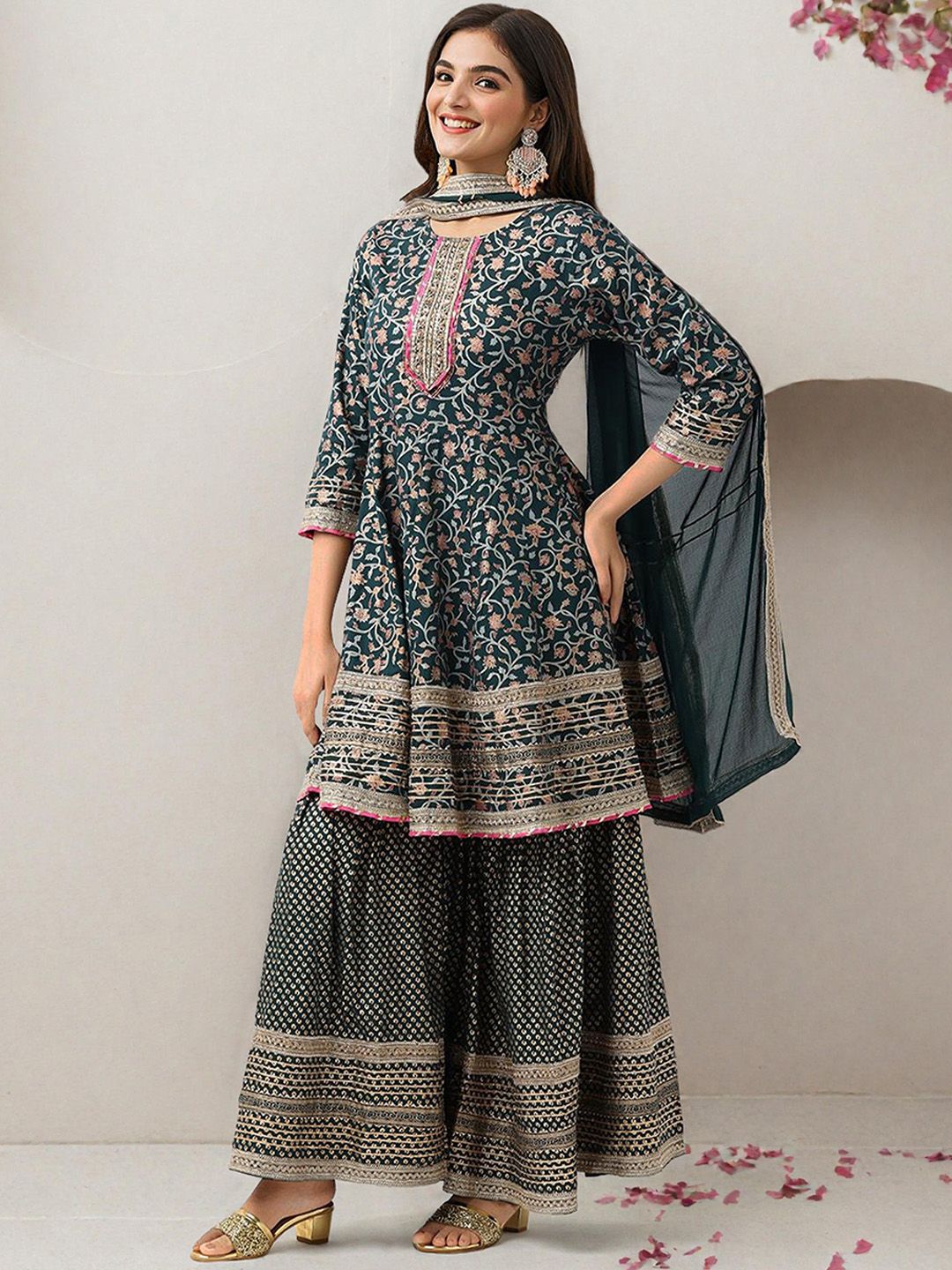 Rich Green Cotton Gotta Patti Anarkali Kurta Set With Sharara Bottom & Solid Cotton Dupatta