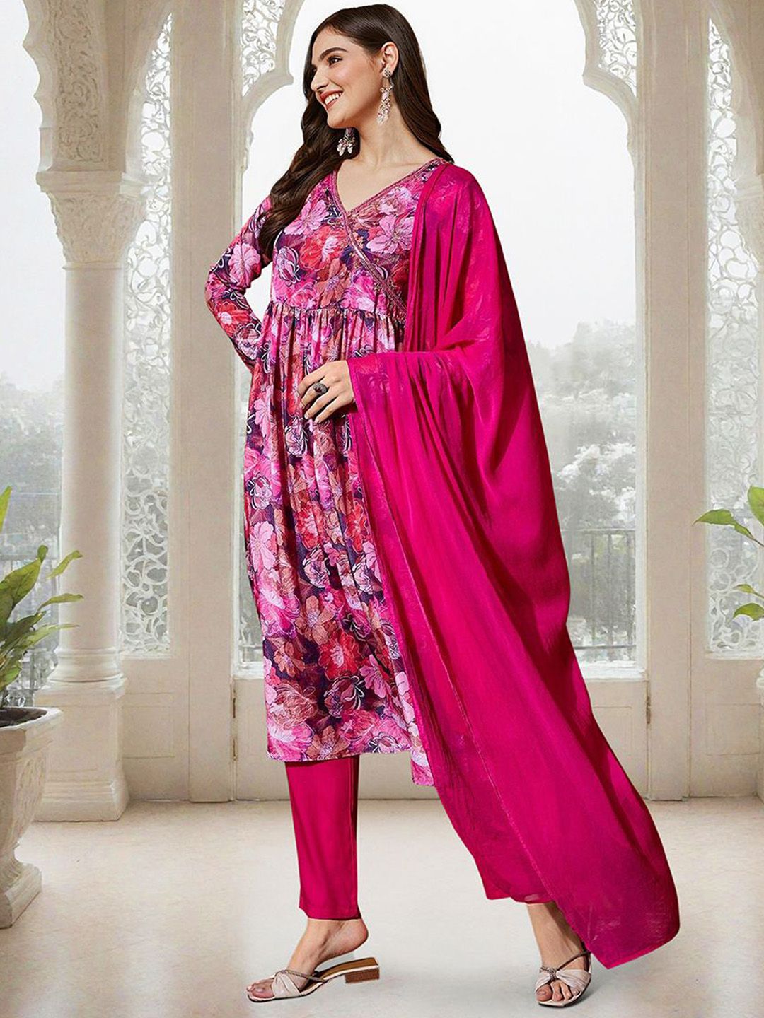Rich Multi-Colored Chinon Sequinned Printed Angrakha Kurta Set With Straight Bottom & Solid Dupatta