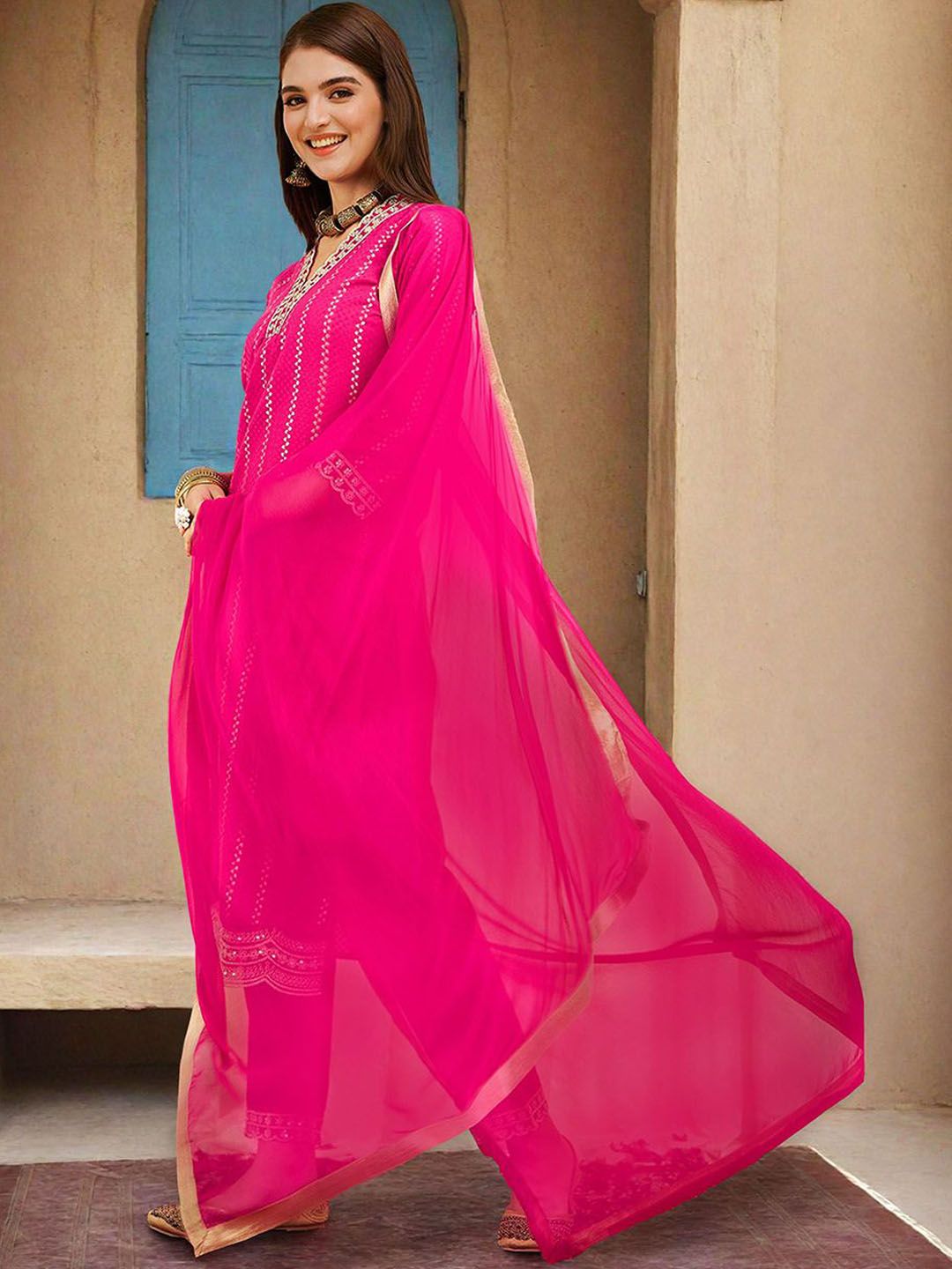 Rich Pink Cotton Sequinned Straight Fit Kurta Set With Straight Bottom & Soft Solid Dupatta