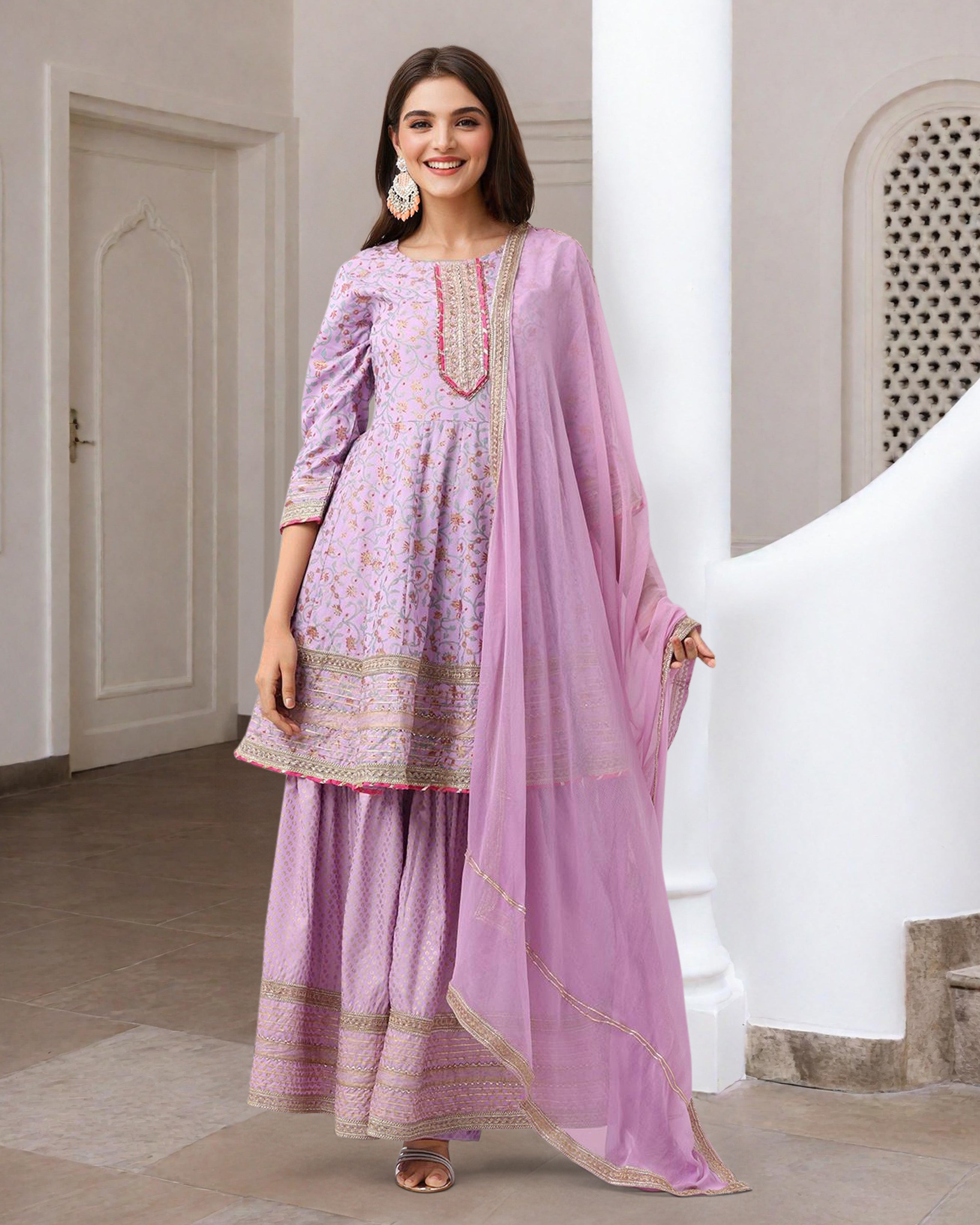 Rich Lilac Cotton Gotta Patti Anarkali Kurta Set With Sharara Bottom & Solid Cotton Dupatta
