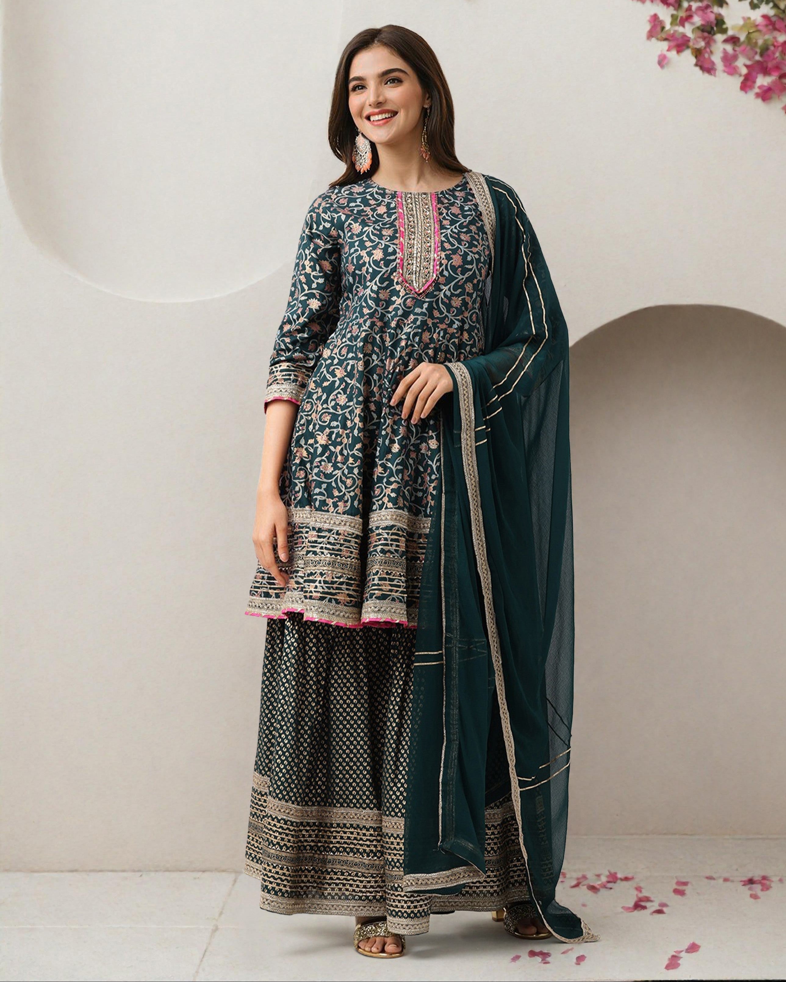 Rich Green Cotton Gotta Patti Anarkali Kurta Set With Sharara Bottom & Solid Cotton Dupatta