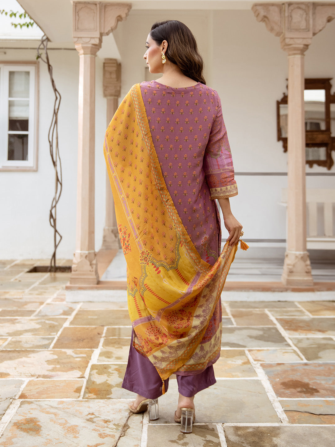 Ishin Women Purple Tissue Shimmer 3Pcs Kurta Set