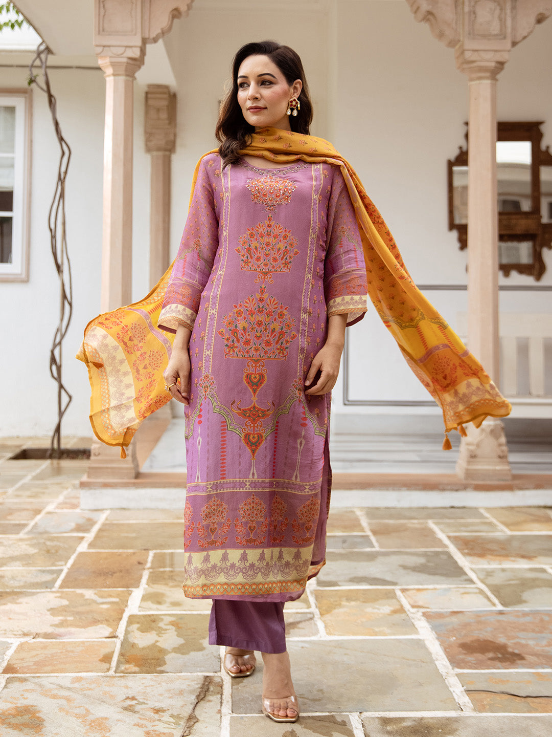 Ishin Women Purple Tissue Shimmer 3Pcs Kurta Set