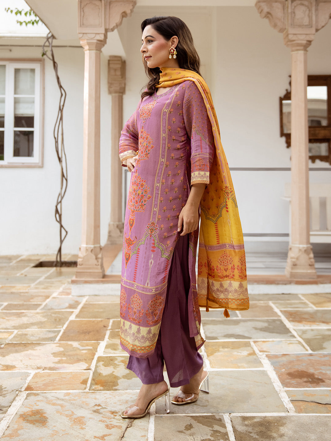 Ishin Women Purple Tissue Shimmer 3Pcs Kurta Set