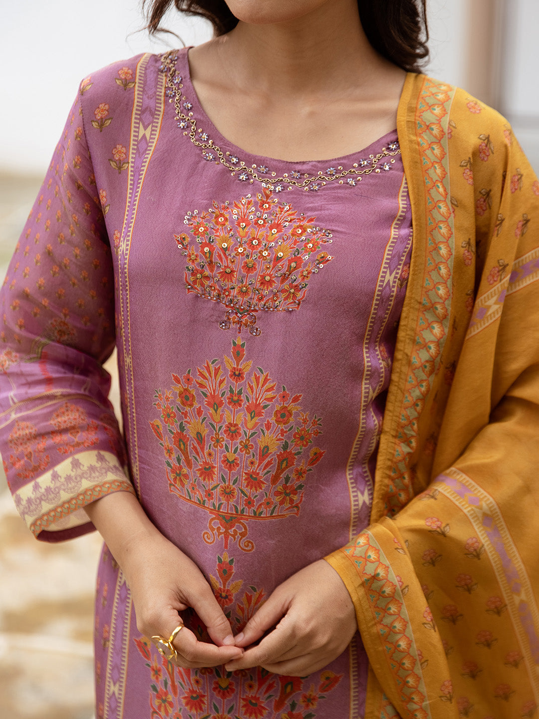 Ishin Women Purple Tissue Shimmer 3Pcs Kurta Set