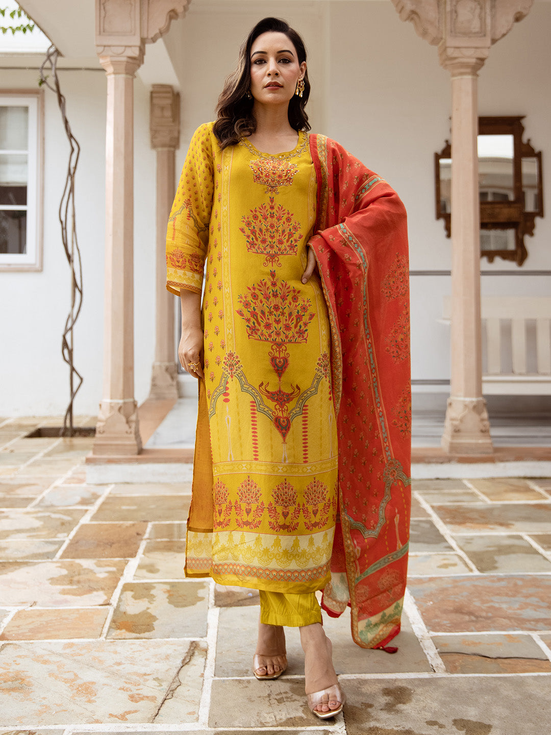 Ishin Women Mustard Viscose Muslin 3Pcs Kurta Set