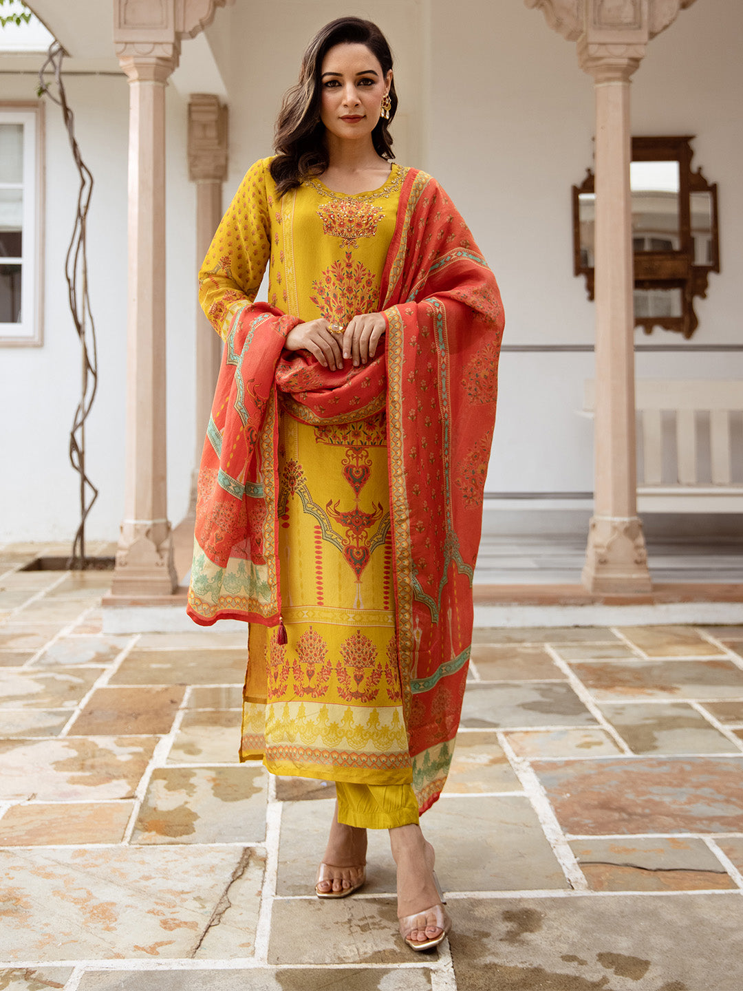 Ishin Women Mustard Viscose Muslin 3Pcs Kurta Set
