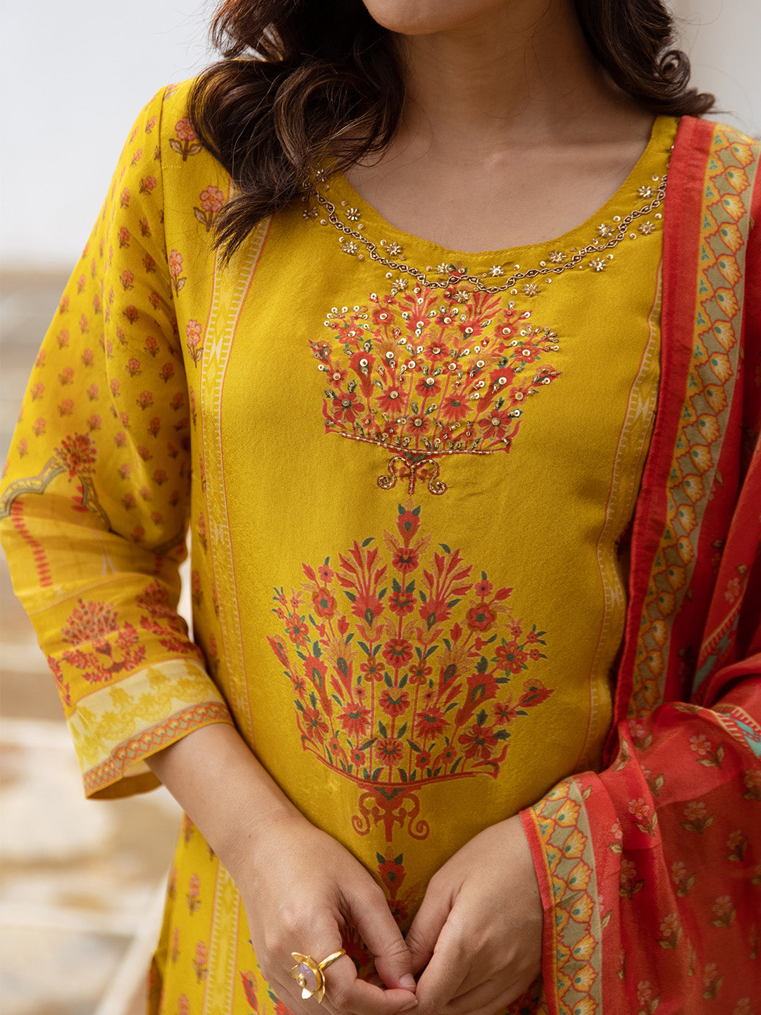 Ishin Women Mustard Viscose Muslin 3Pcs Kurta Set