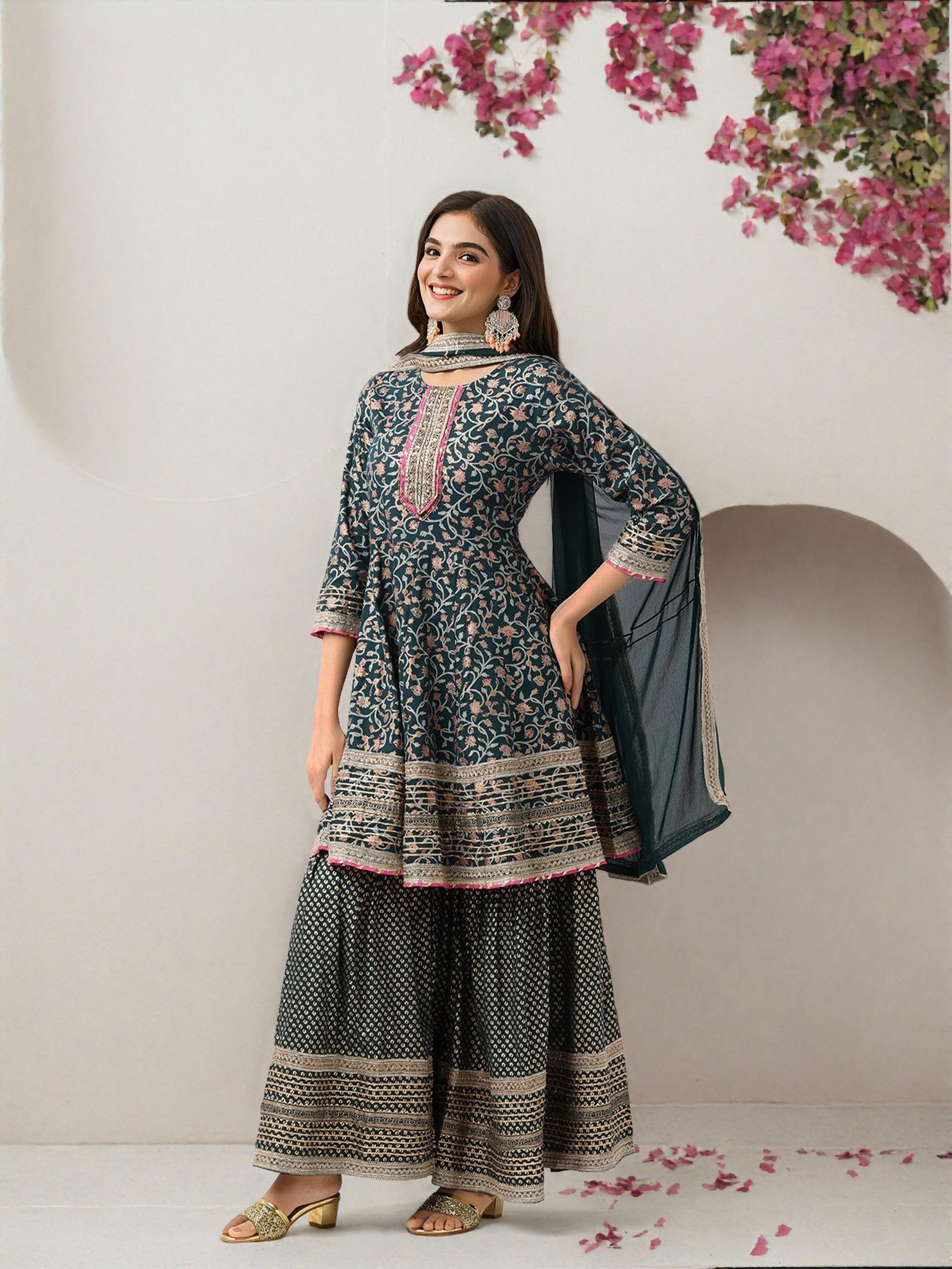 Rich Green Cotton Gotta Patti Anarkali Kurta Set With Sharara Bottom & Solid Cotton Dupatta