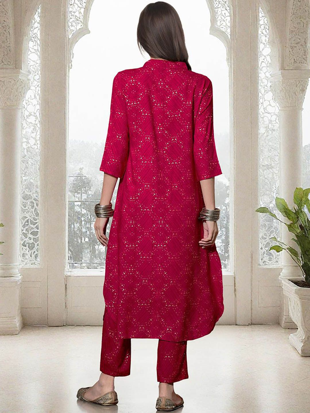 Rich Pink Rayon Sequinned Straight Fit Kurta Set With Straight Bottom