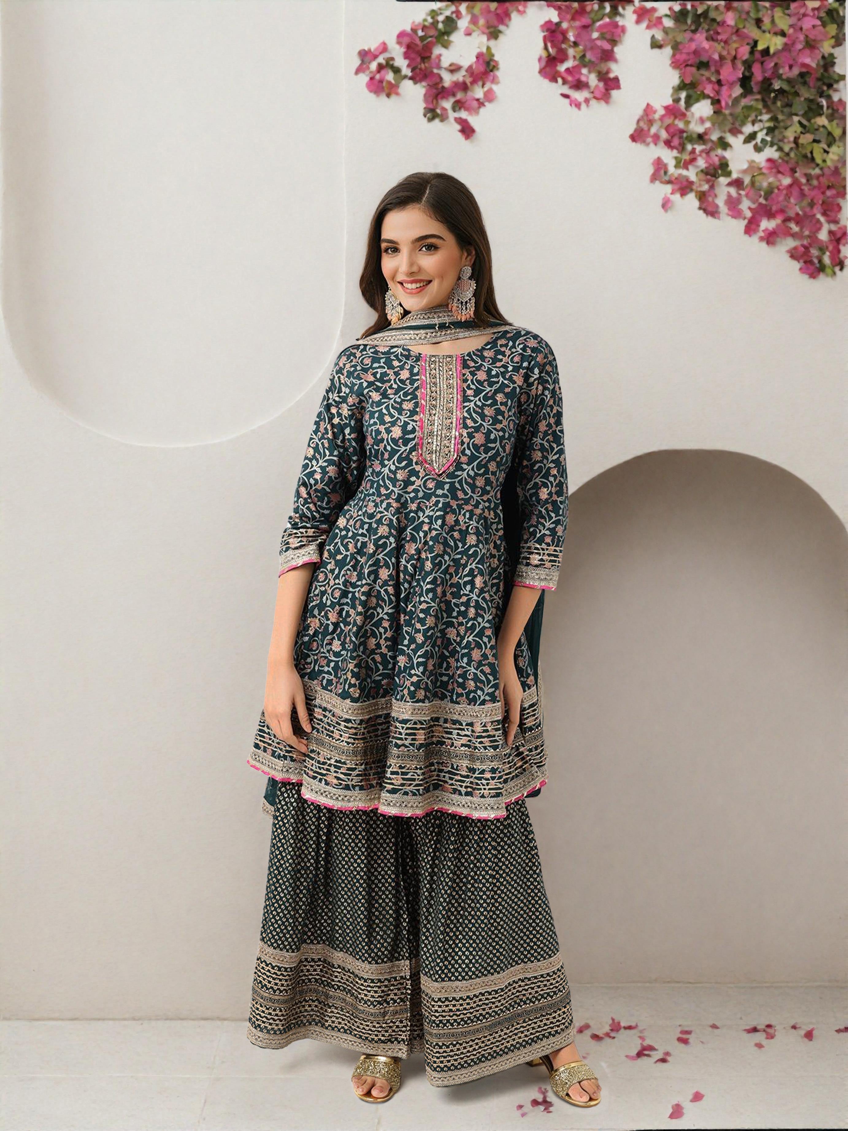Rich Green Cotton Gotta Patti Anarkali Kurta Set With Sharara Bottom & Solid Cotton Dupatta