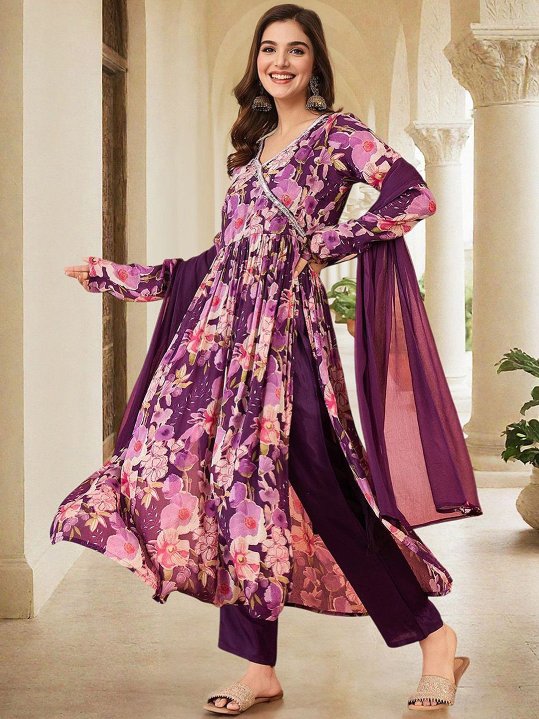 Soft Purple Chinon Sequinned Printed Angrakha Kurta Set With Straight Bottom & Solid Dupatta