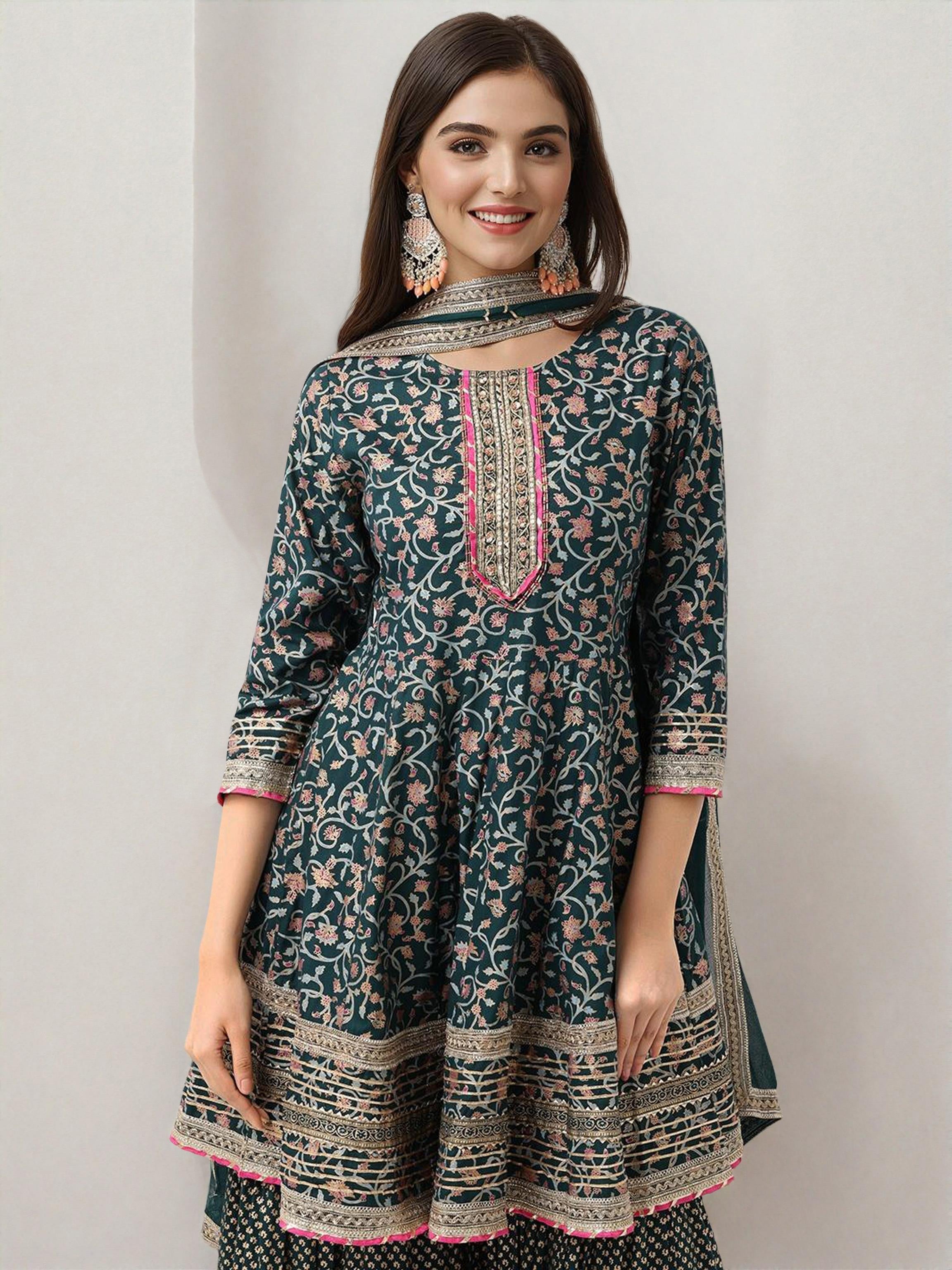 Rich Green Cotton Gotta Patti Anarkali Kurta Set With Sharara Bottom & Solid Cotton Dupatta